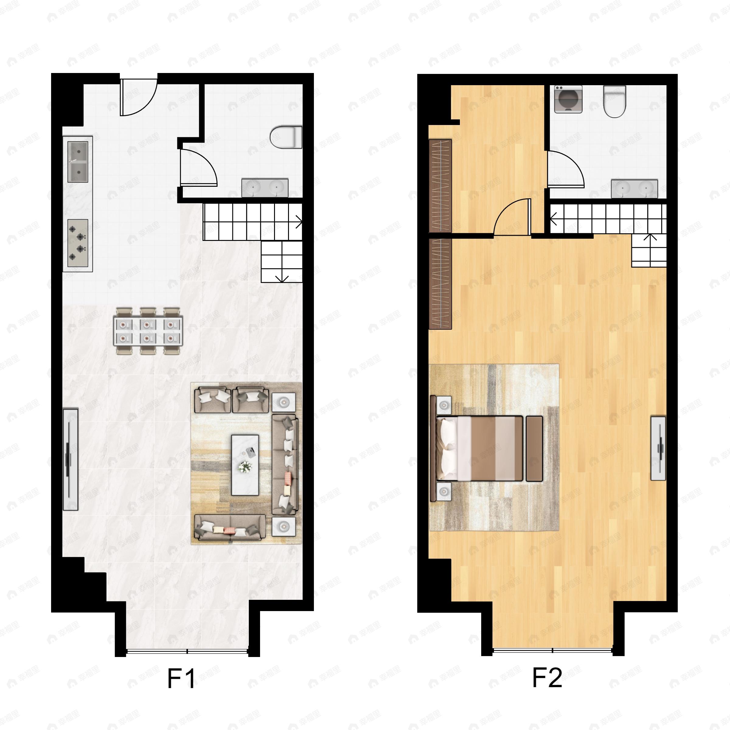 1室2厅2卫建面53m²南户型图