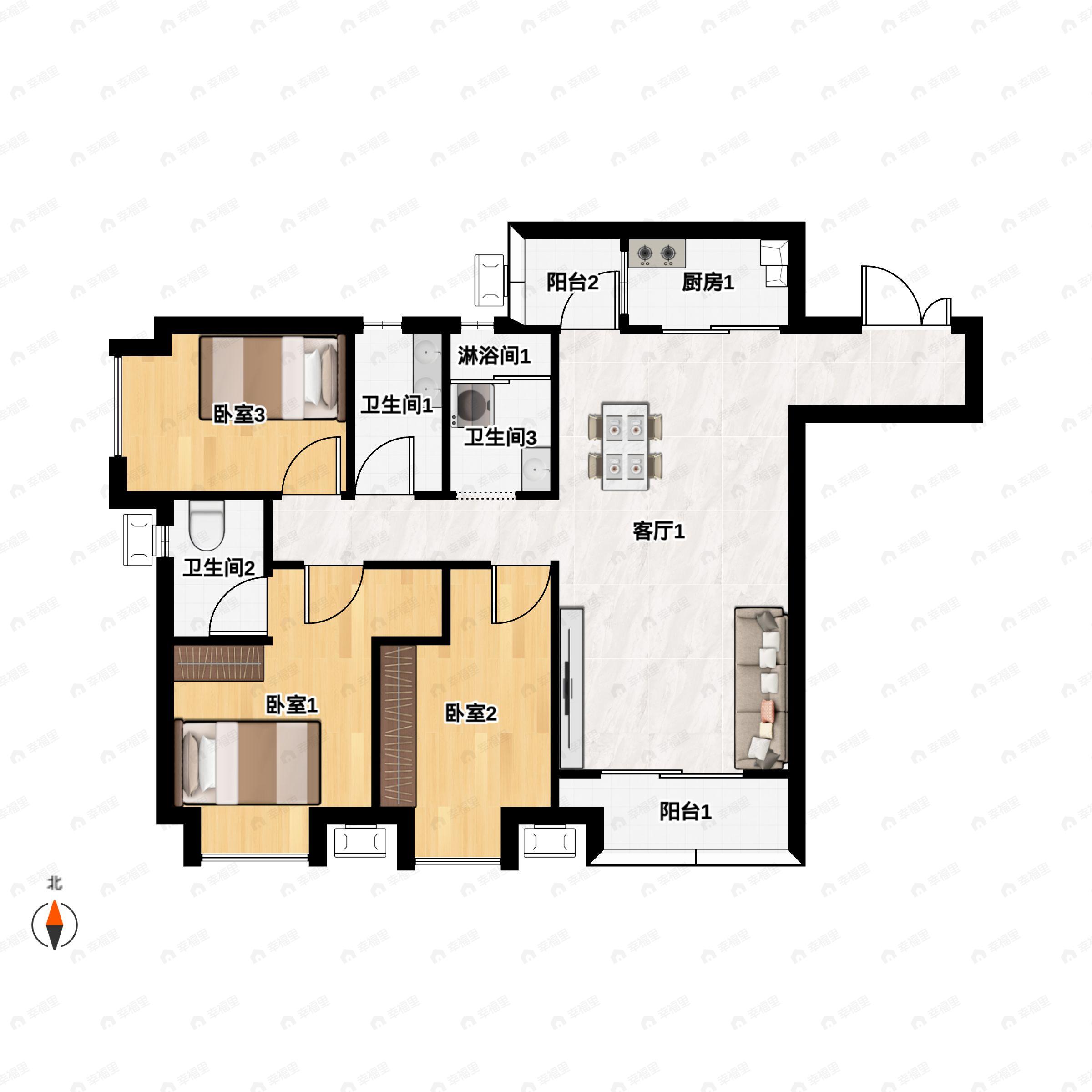 3室2厅3卫建面127平南户型图
