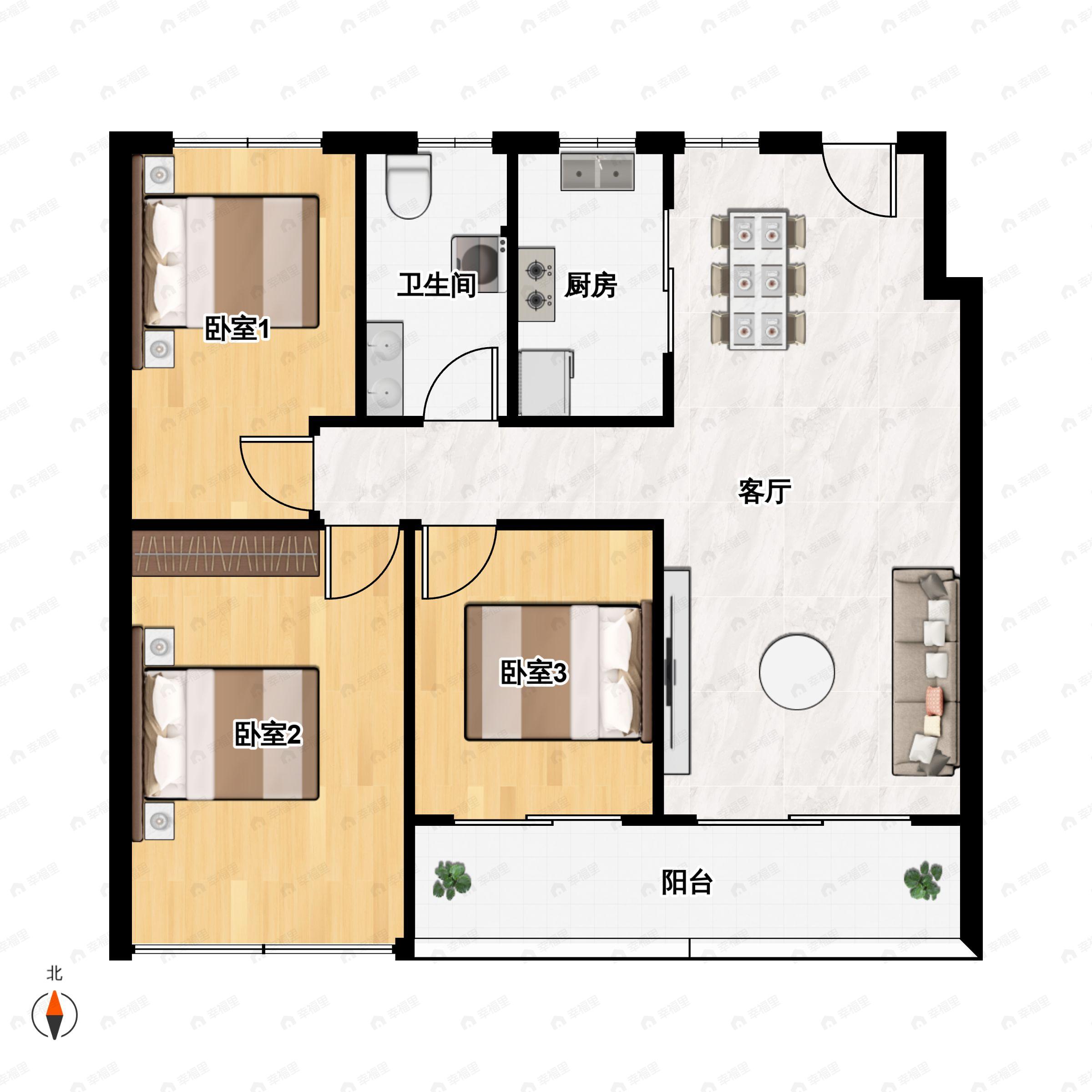 3室2厅1卫建面103平南户型图