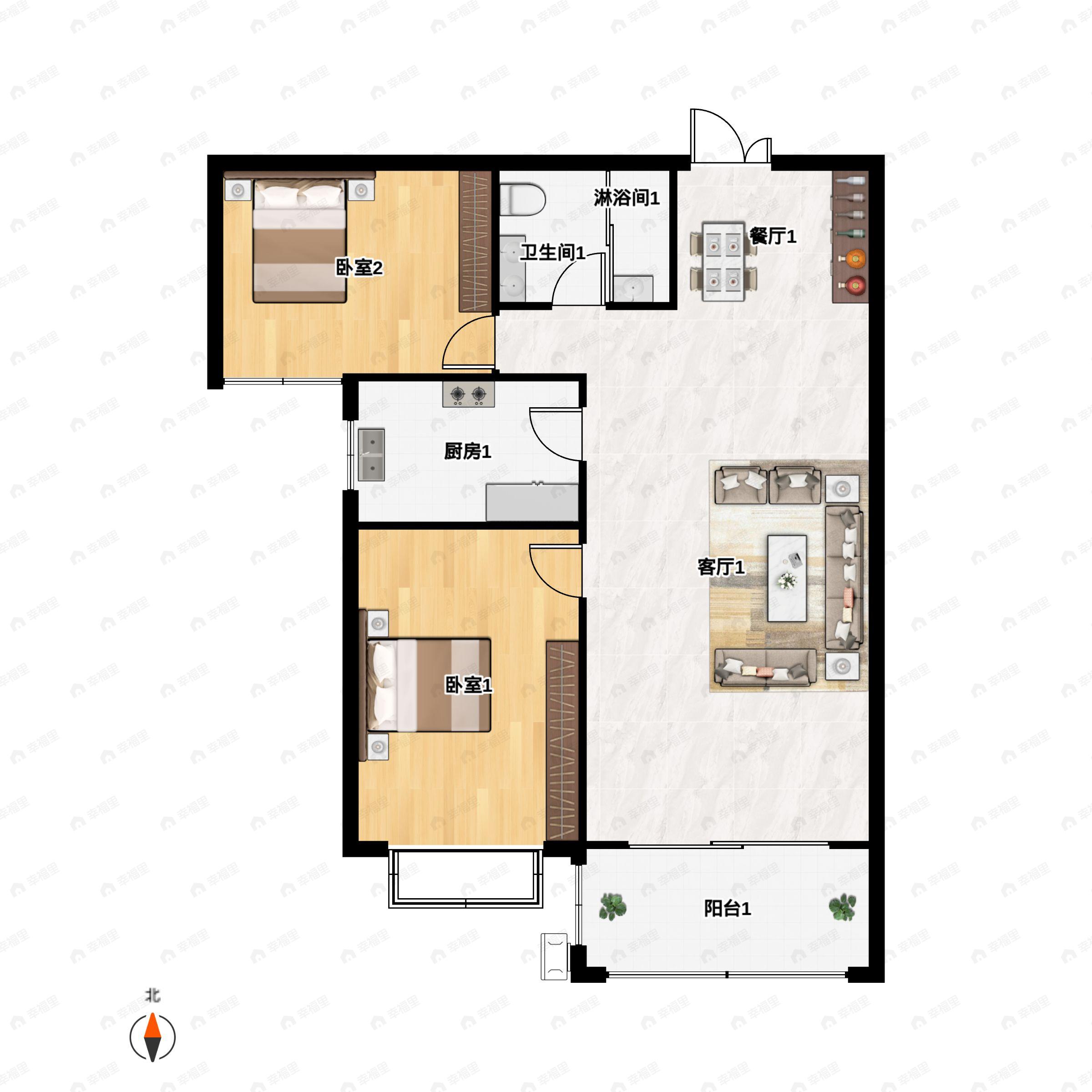2室2厅1卫建面100平户型图