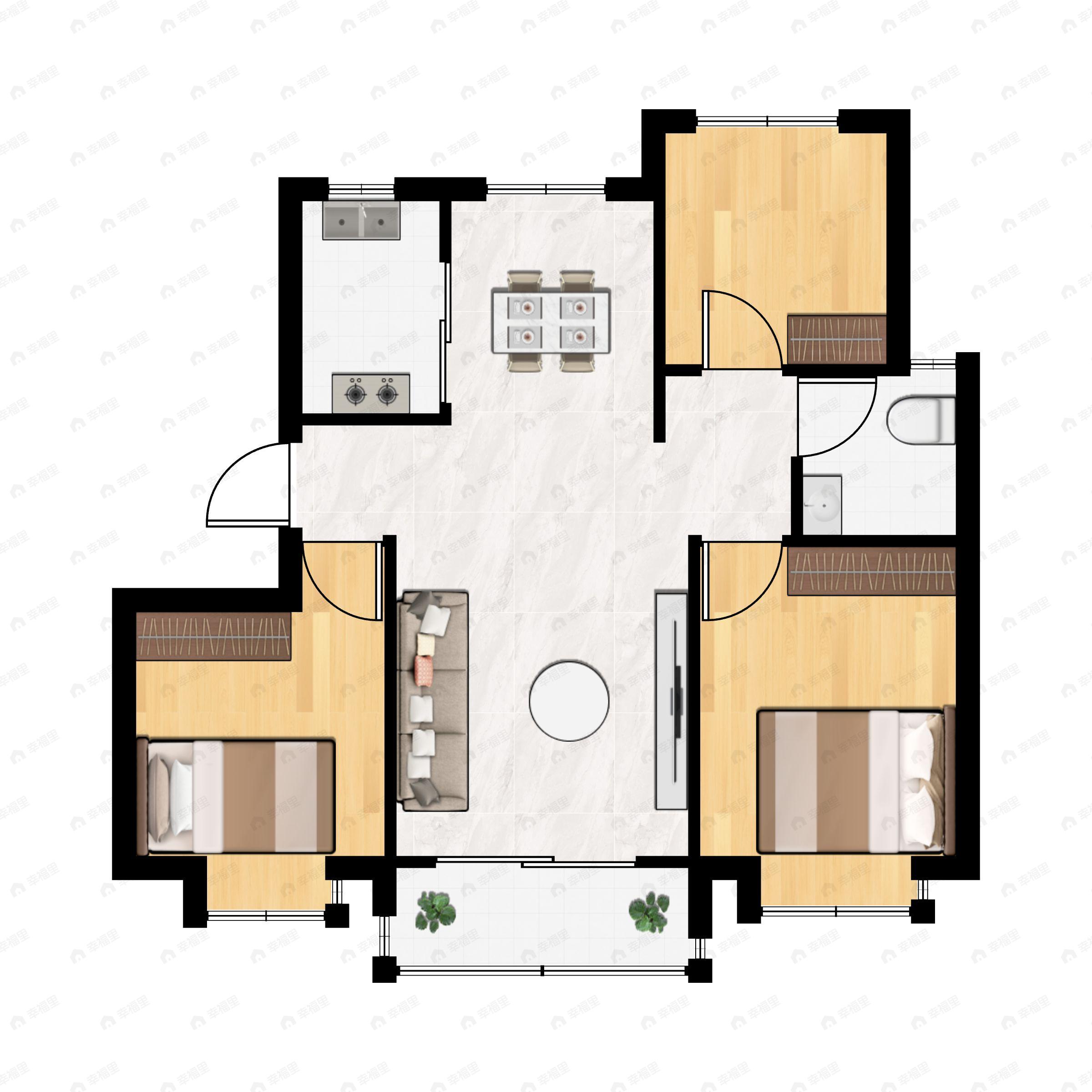 3室2厅1卫建面106m²南|北户型图