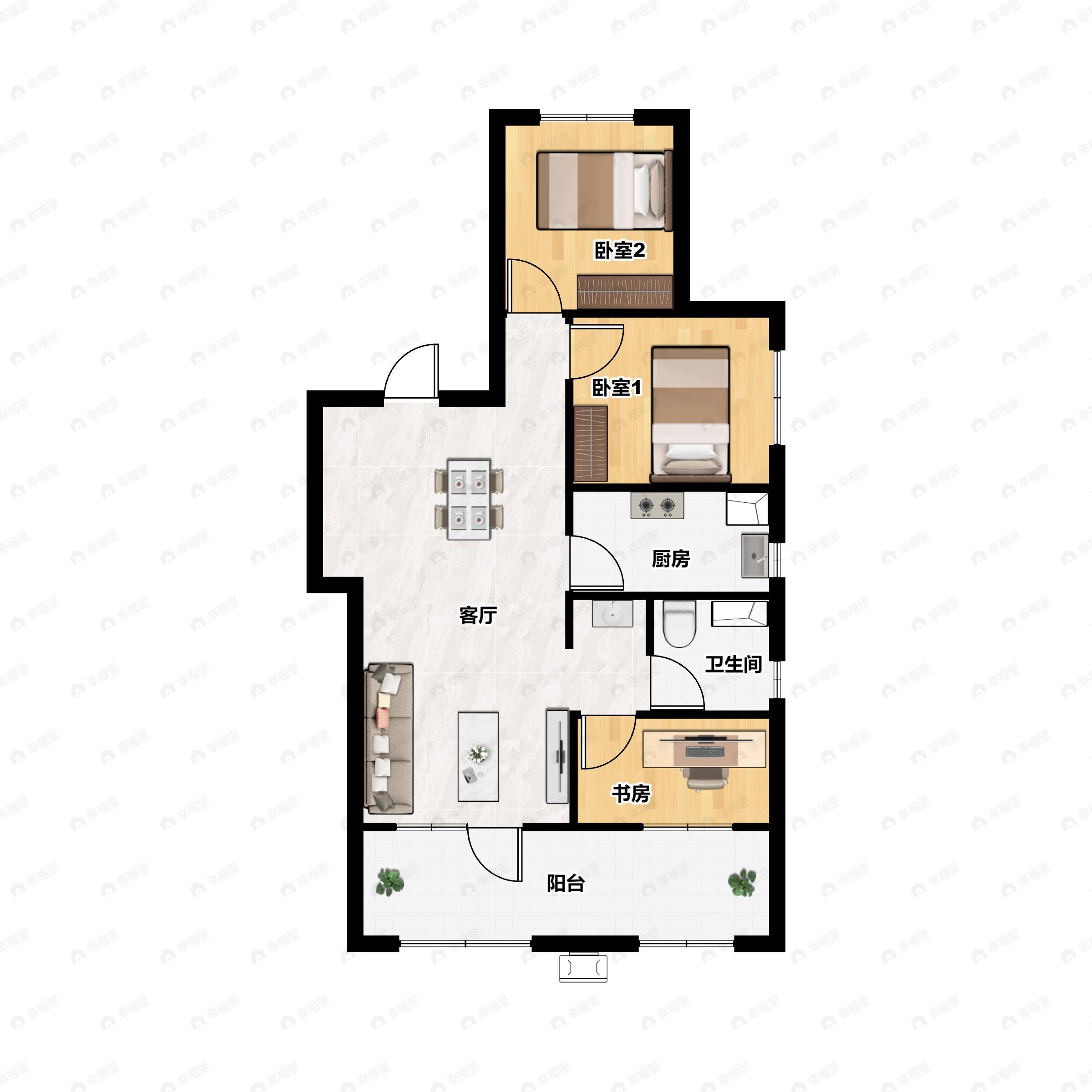 3室2厅1卫建面90m²南|北户型图