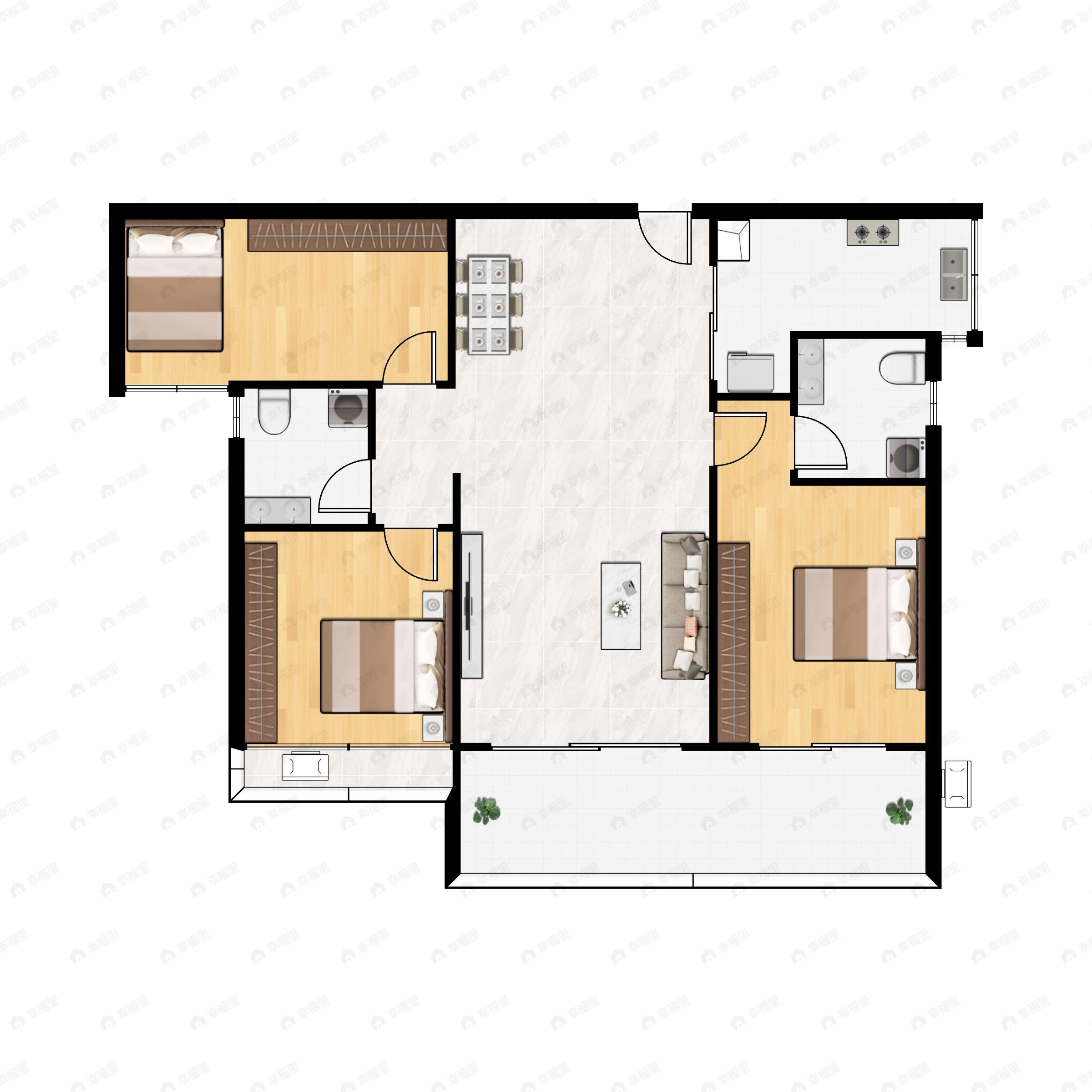 3室2厅2卫建面101平南户型图