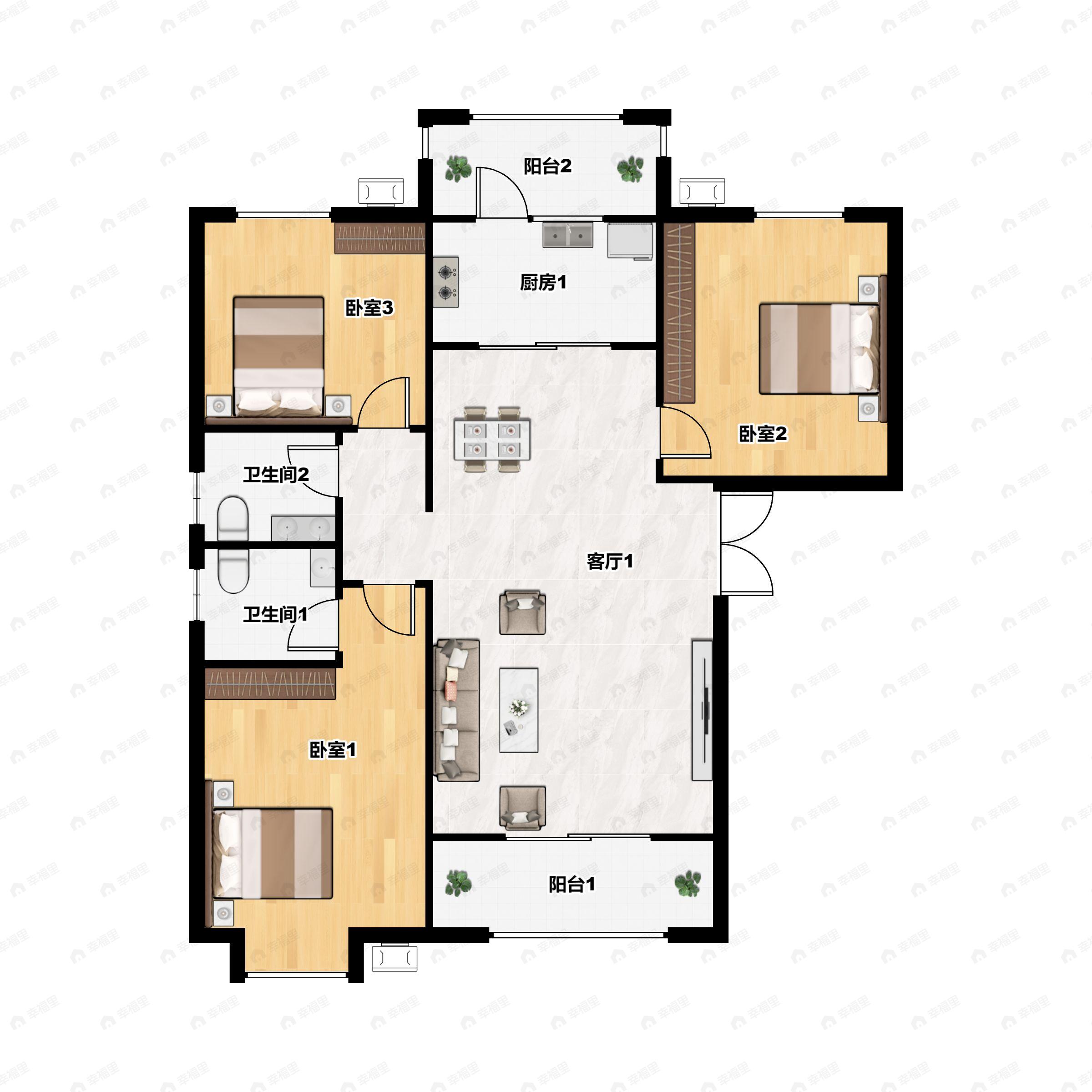 3室2厅2卫建面132m²南户型图