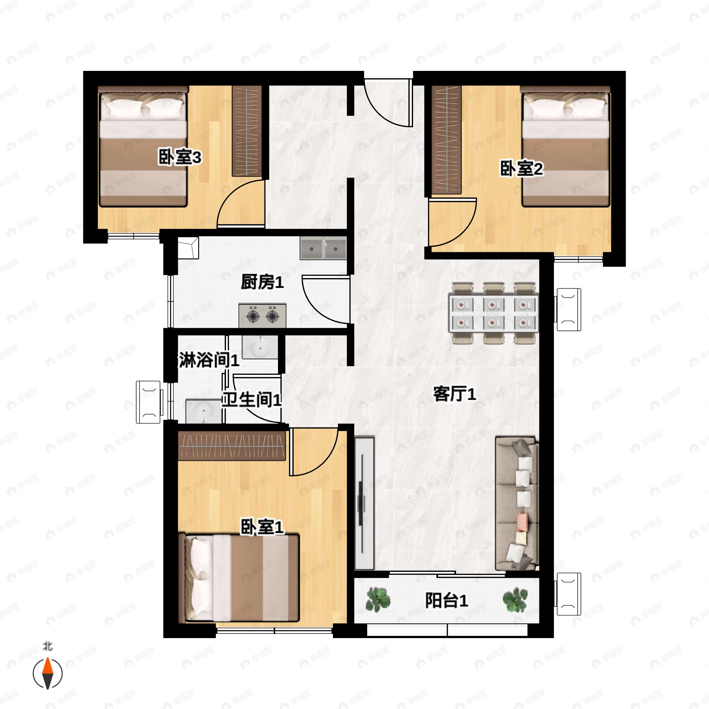 3室2厅1卫建面97平南户型图