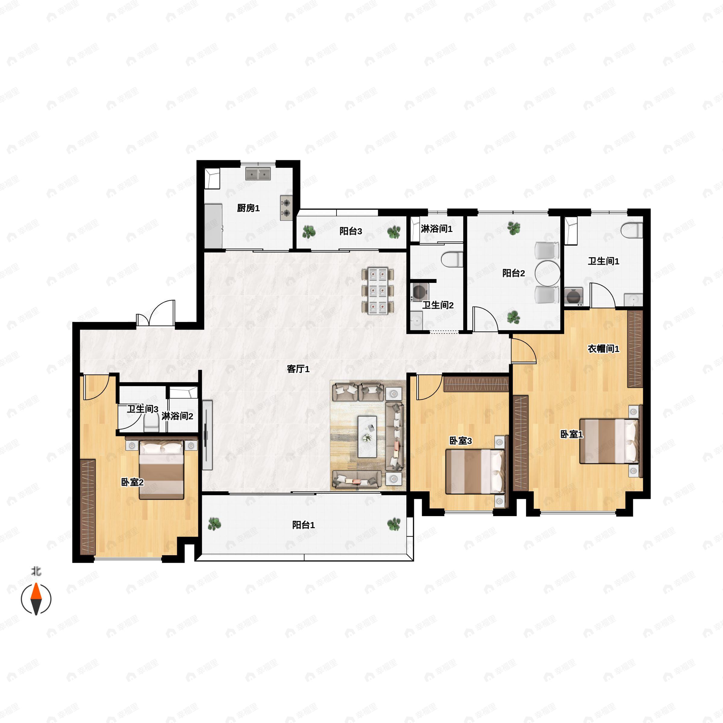 4室2厅3卫建面195平南户型图