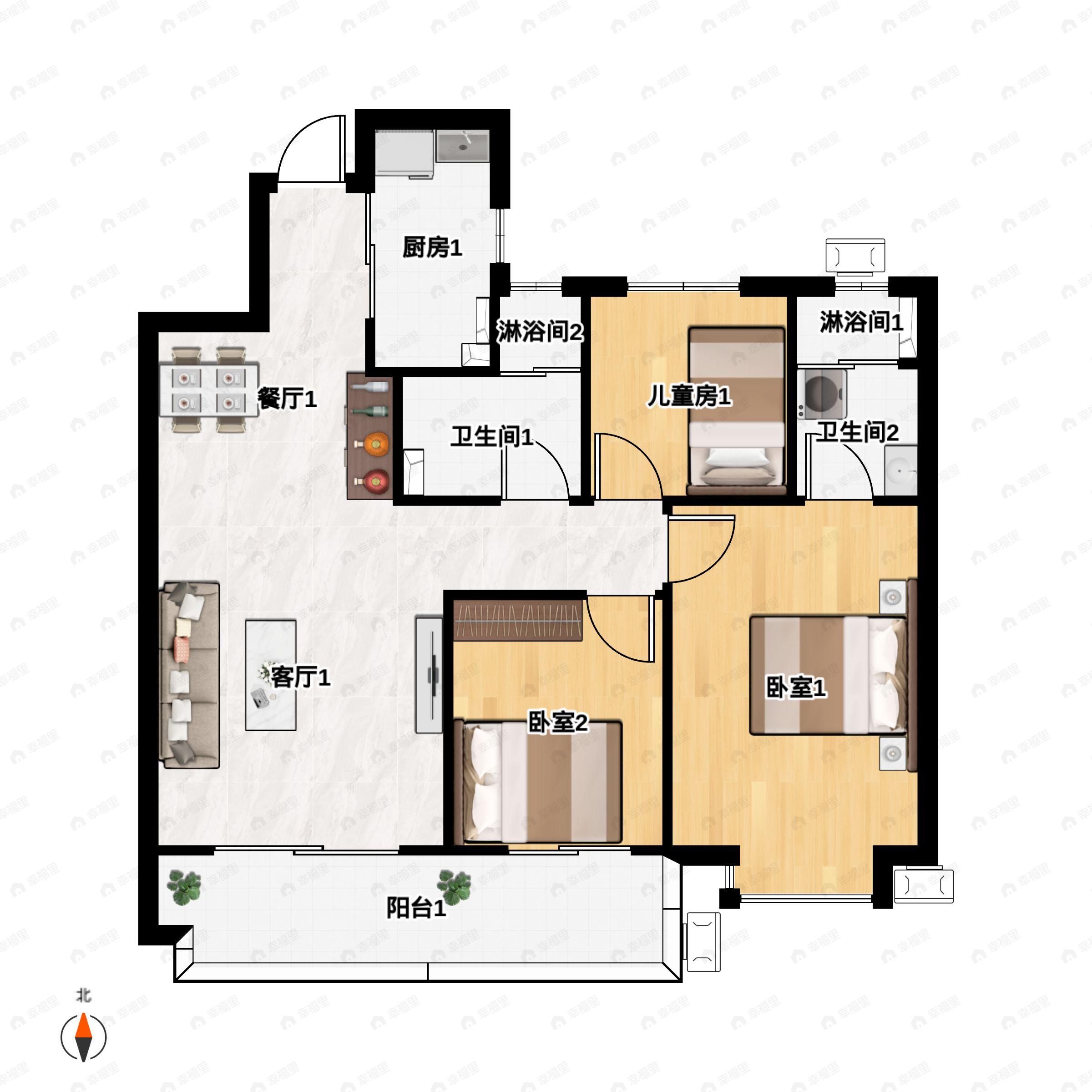 3室2厅2卫建面105m²南户型图