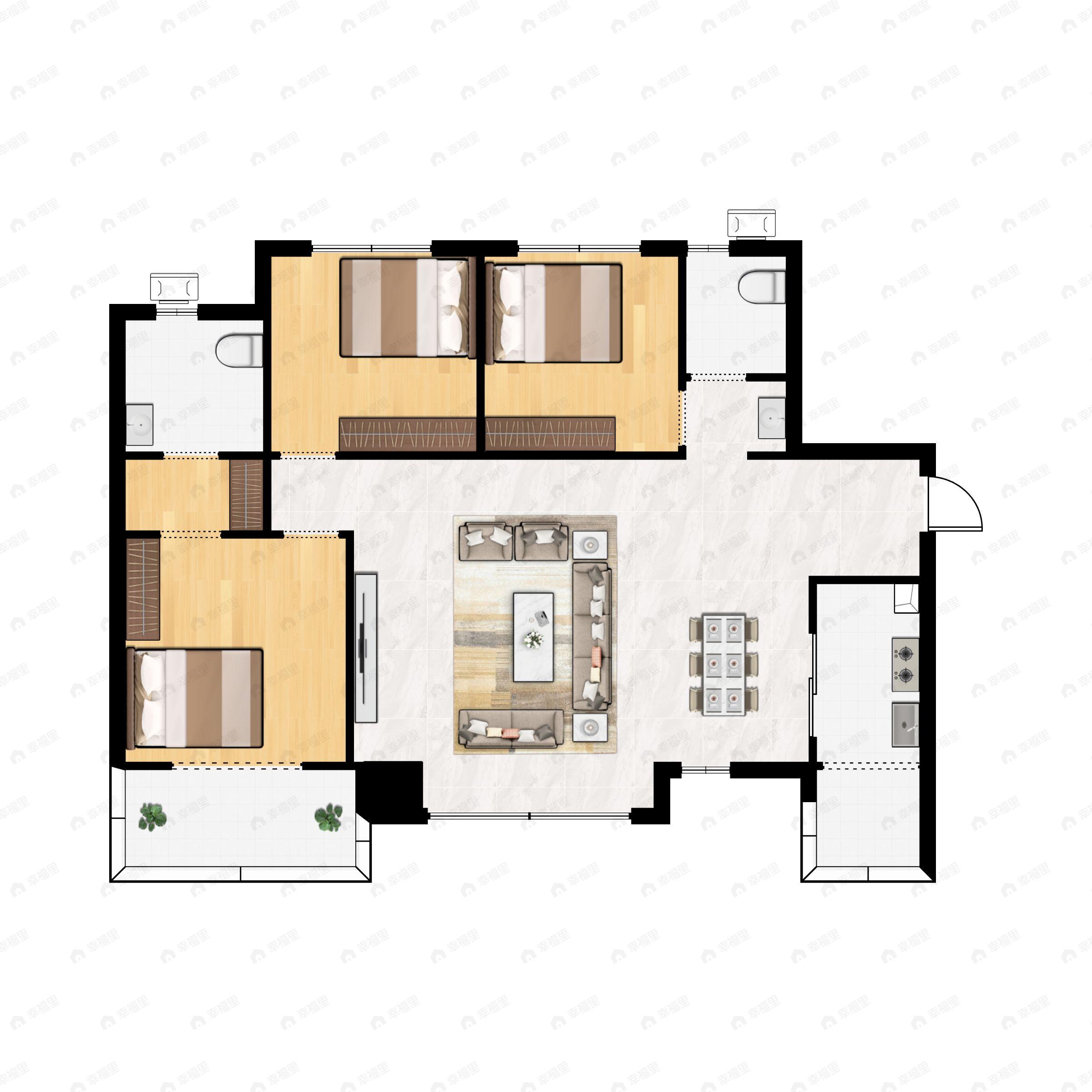 3室2厅2卫建面106平南户型图