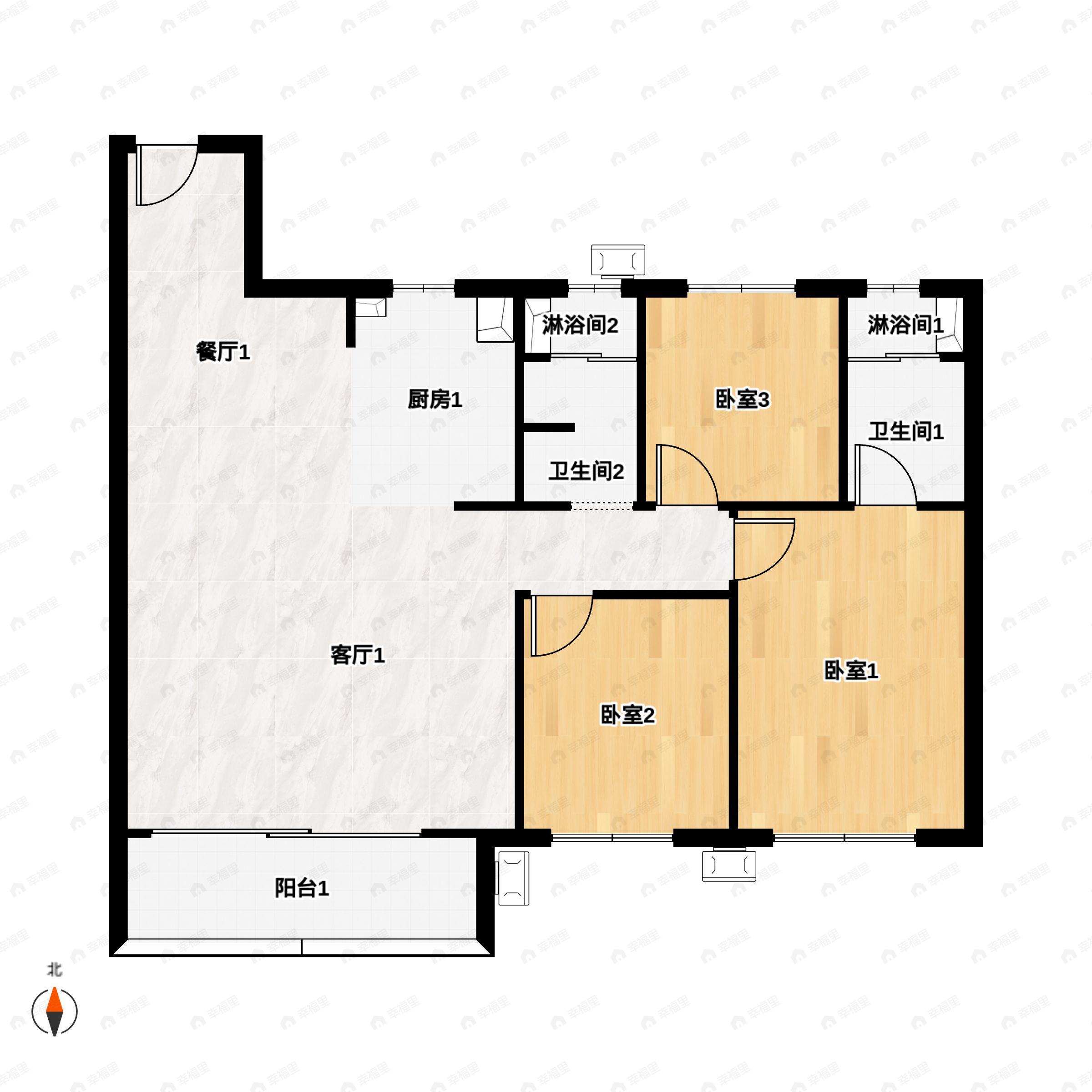 3室2厅2卫建面127平户型图