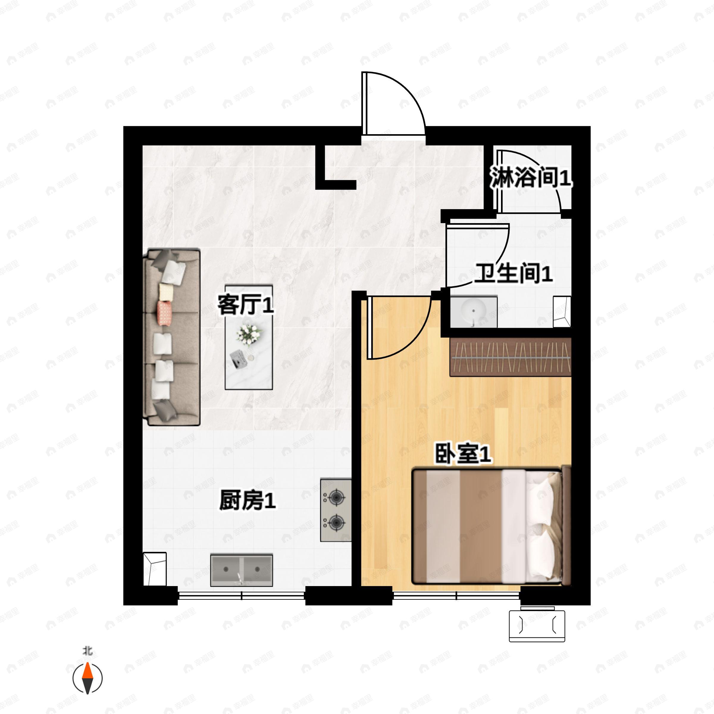 1室1厅1卫建面49m²南户型图