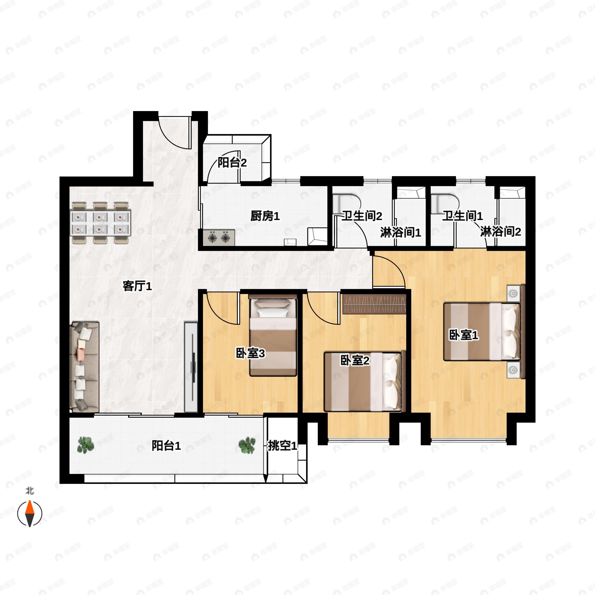 3室2厅2卫建面118m²南户型图