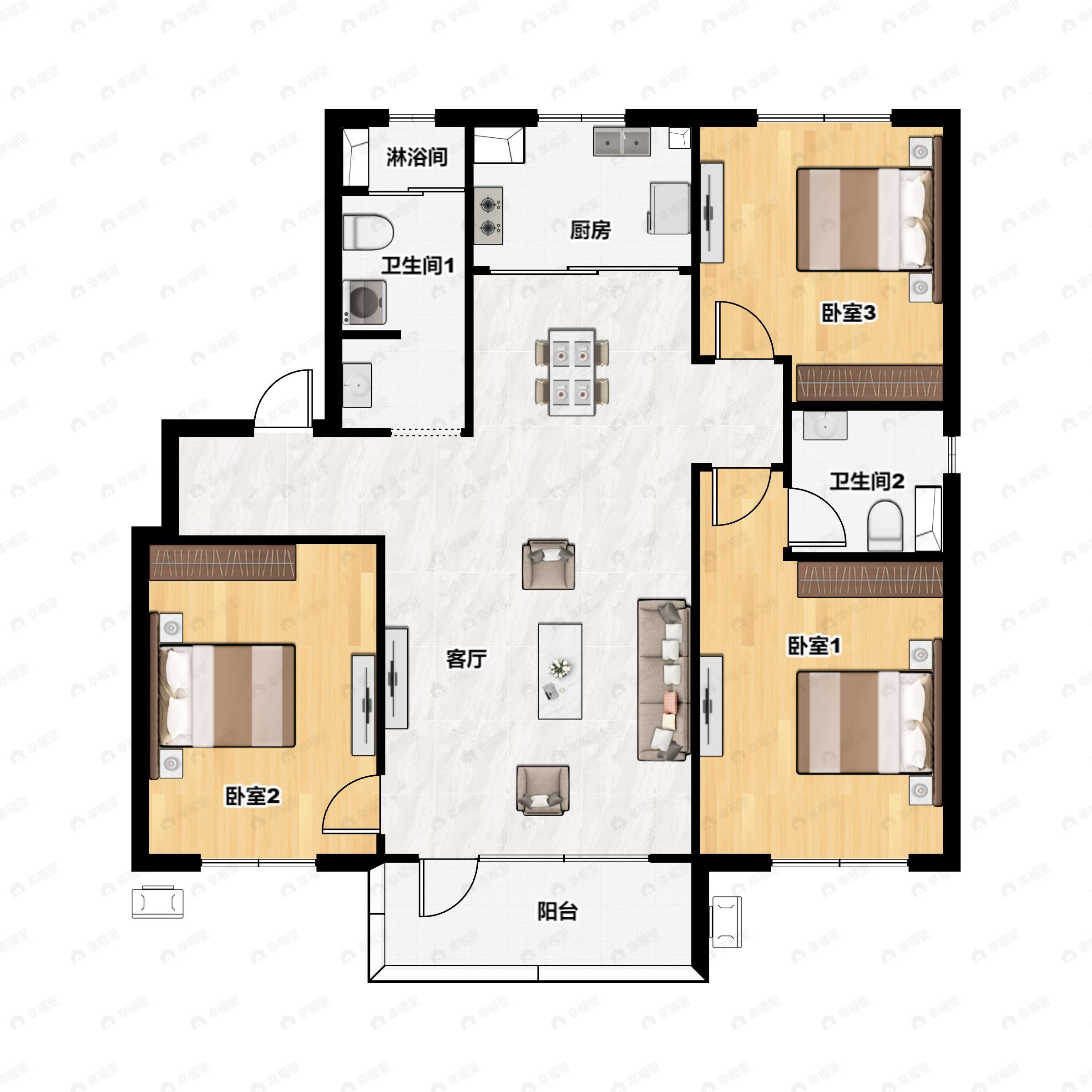 3室2厅2卫建面115平南|北户型图