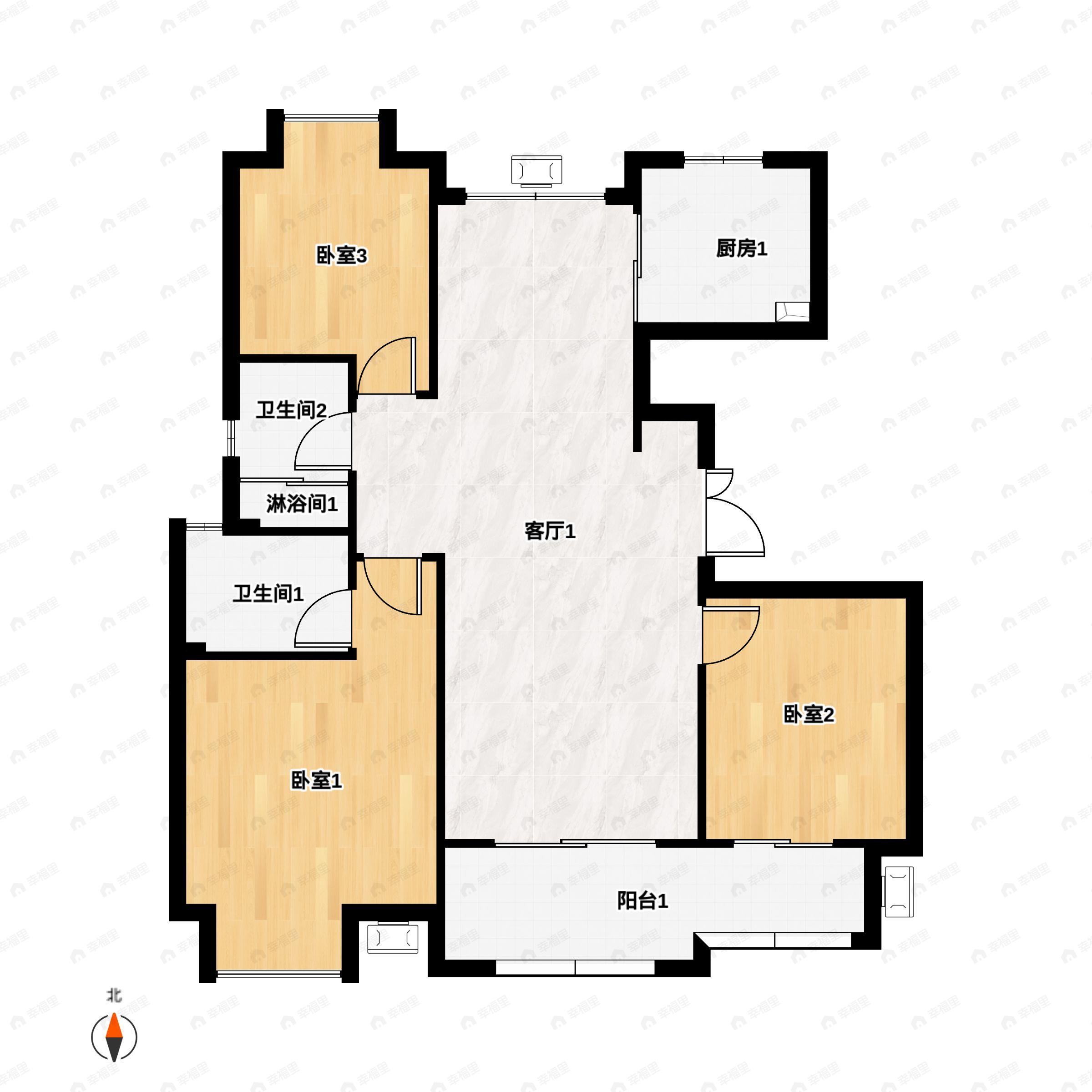 3室2厅2卫建面115m²南户型图