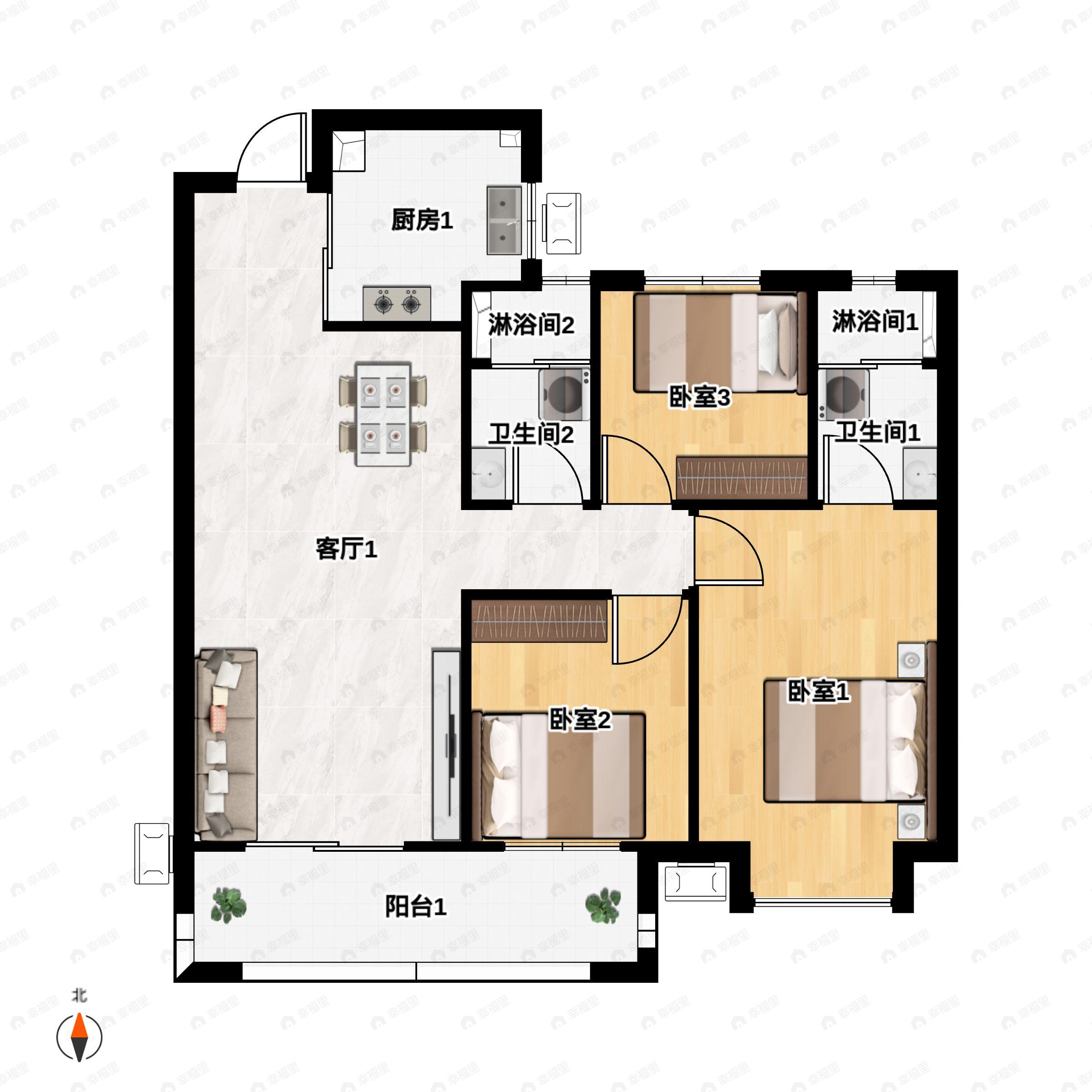 3室2厅2卫建面104平undefined户型图