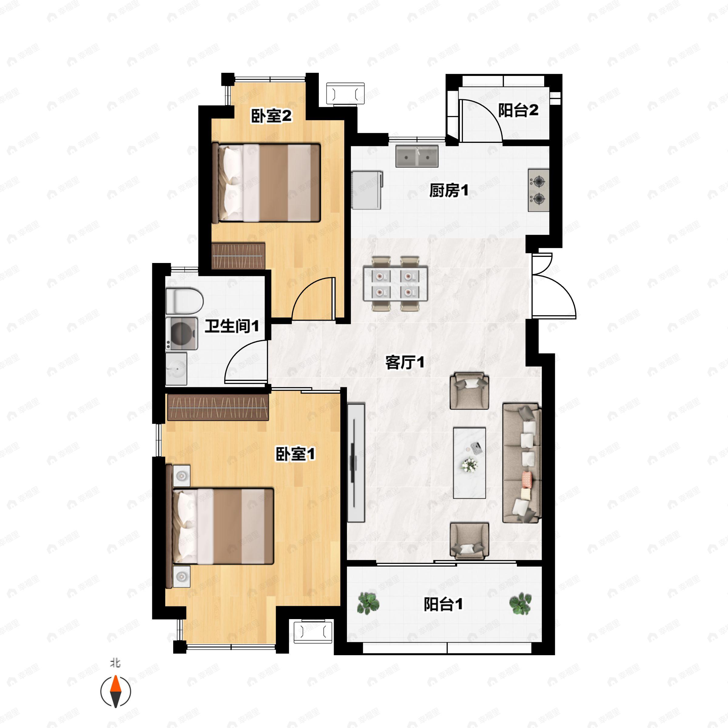 2室2厅1卫建面99平南|北户型图