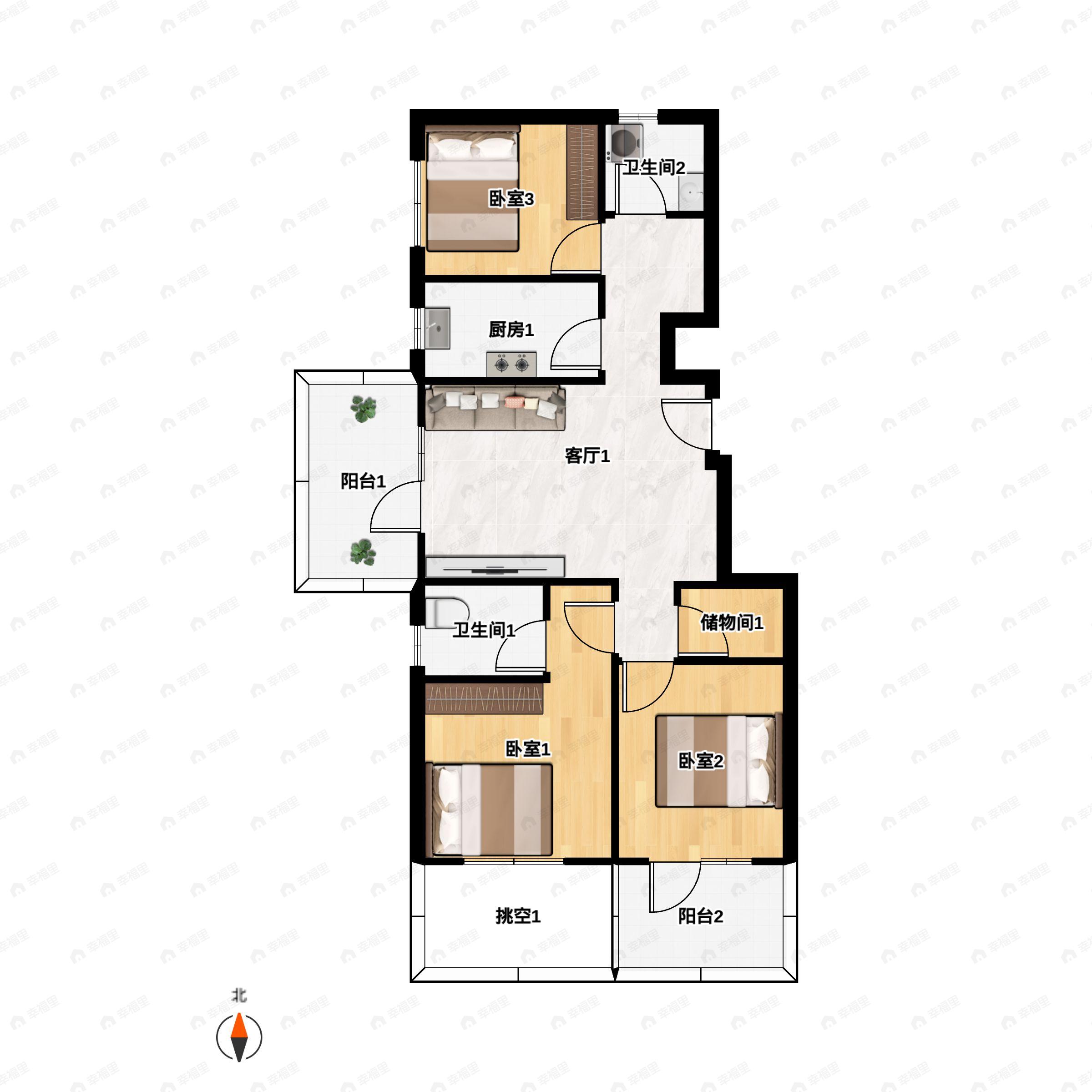 3室2厅2卫建面91平户型图