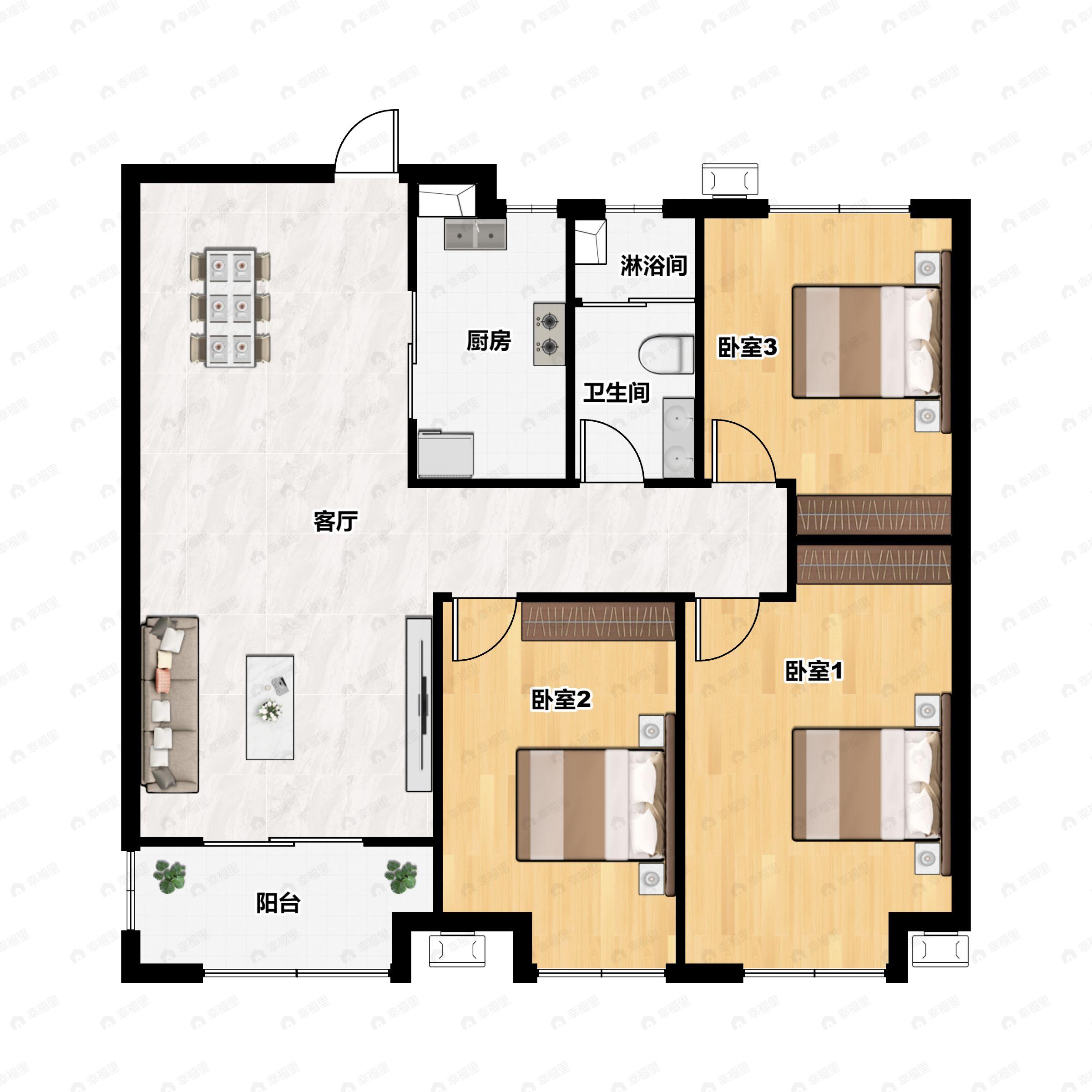 3室2厅1卫建面106平户型图