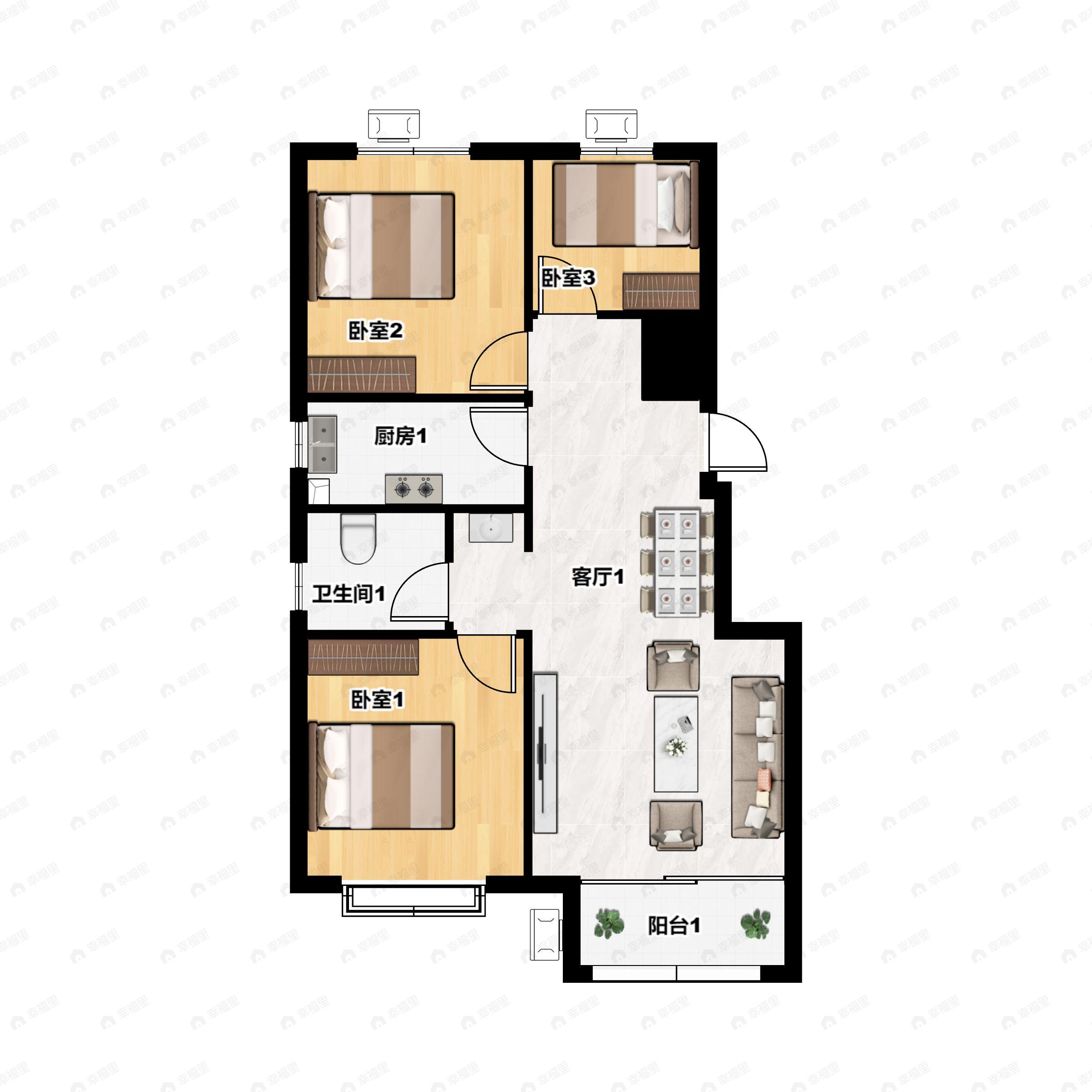 3室2厅1卫建面102平户型图