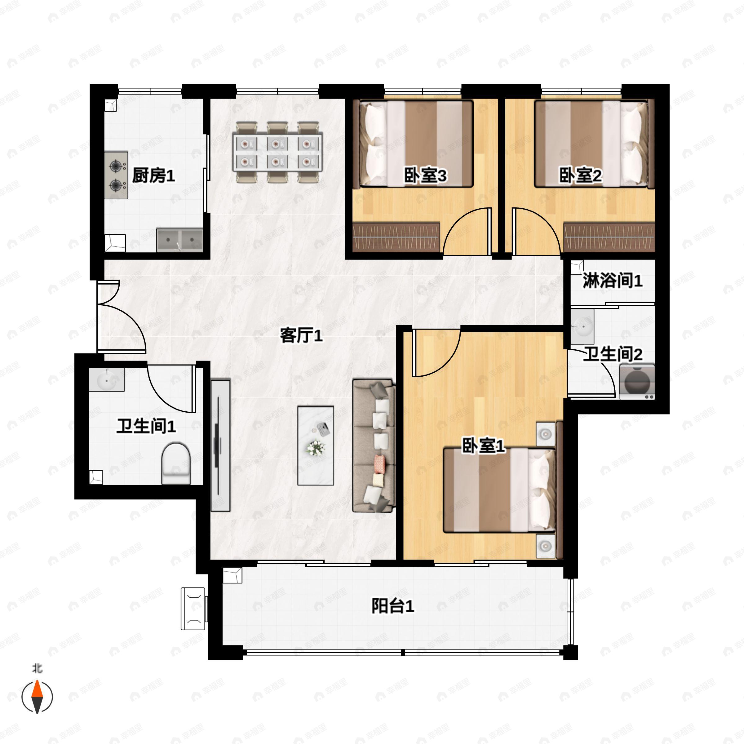 3室2厅2卫建面115平南户型图