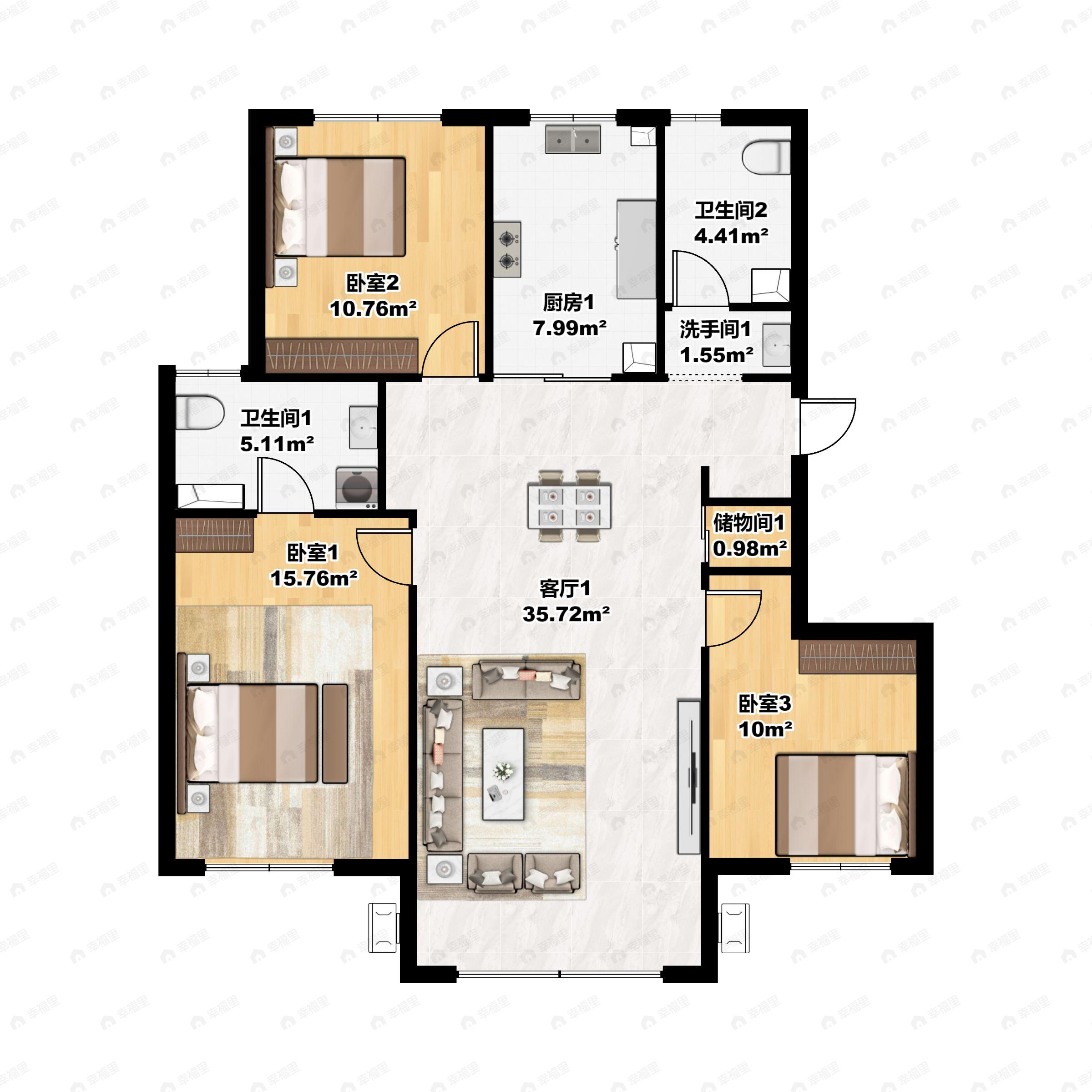 3室2厅2卫建面115平南户型图