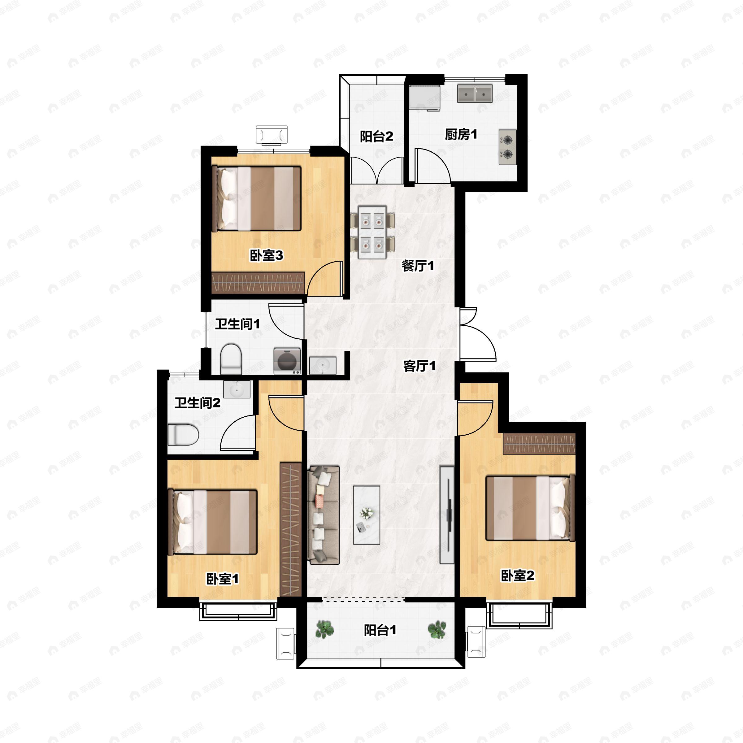 3室2厅2卫建面131平南|北户型图