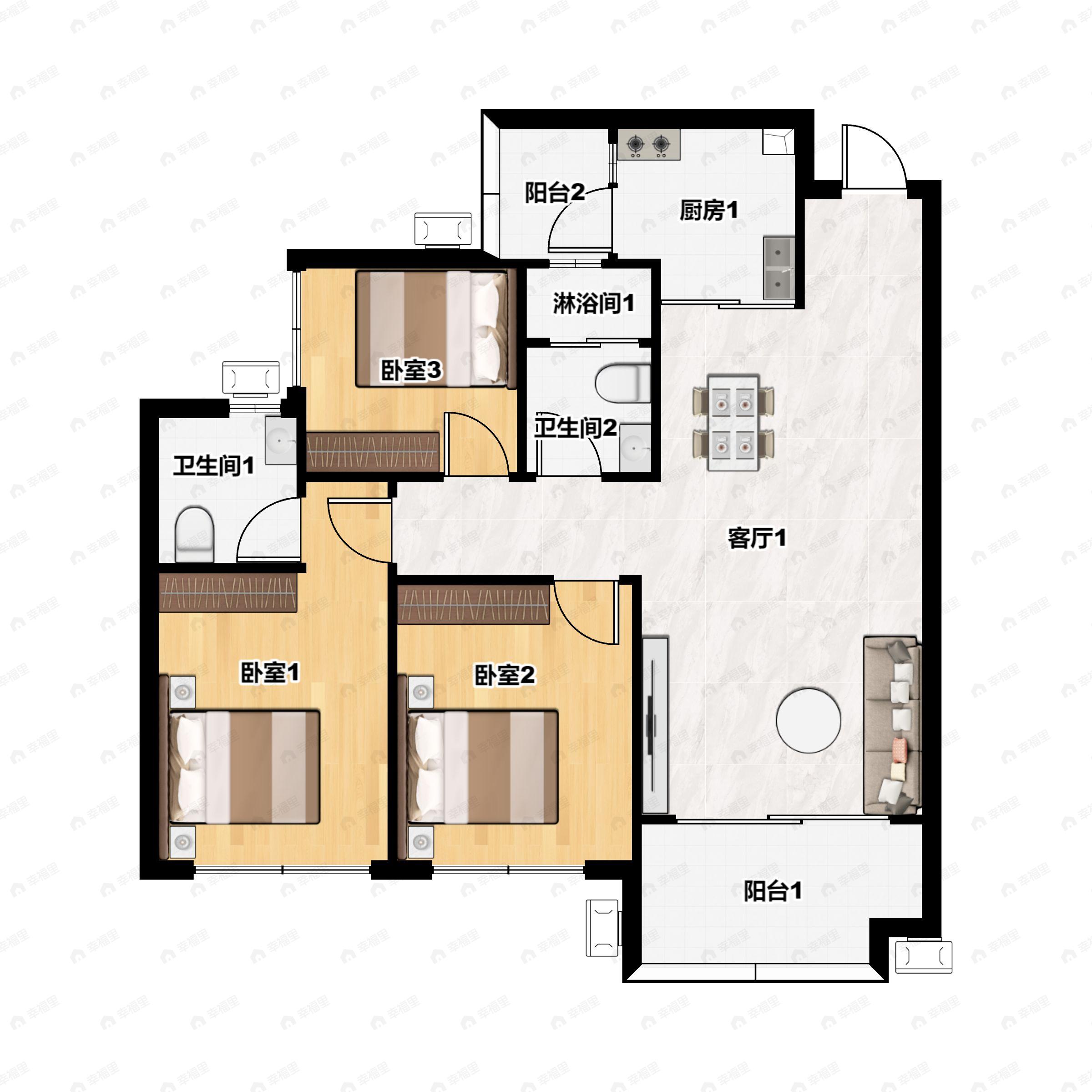 3室2厅2卫建面83m²南户型图