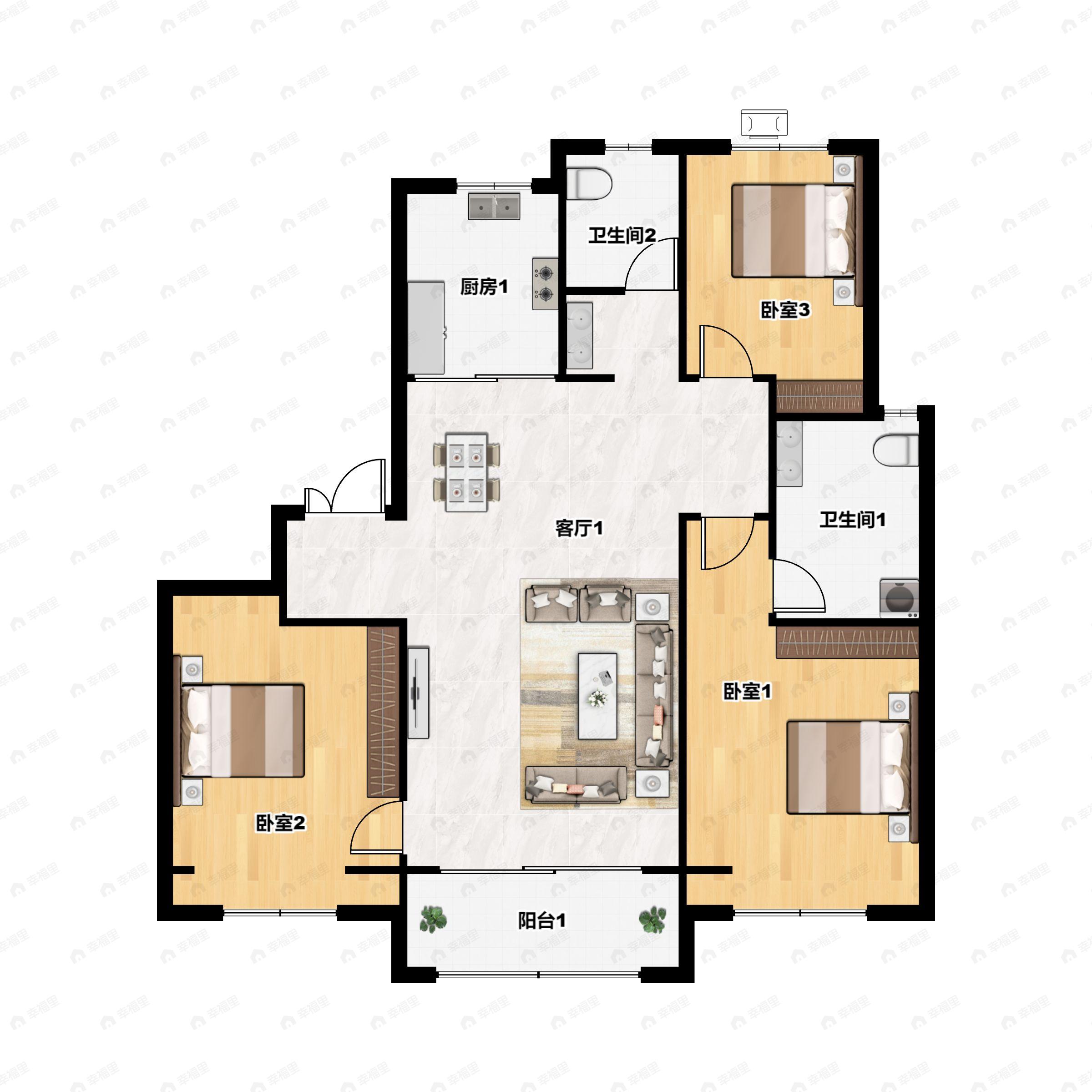 3室2厅2卫建面133m²南|北户型图