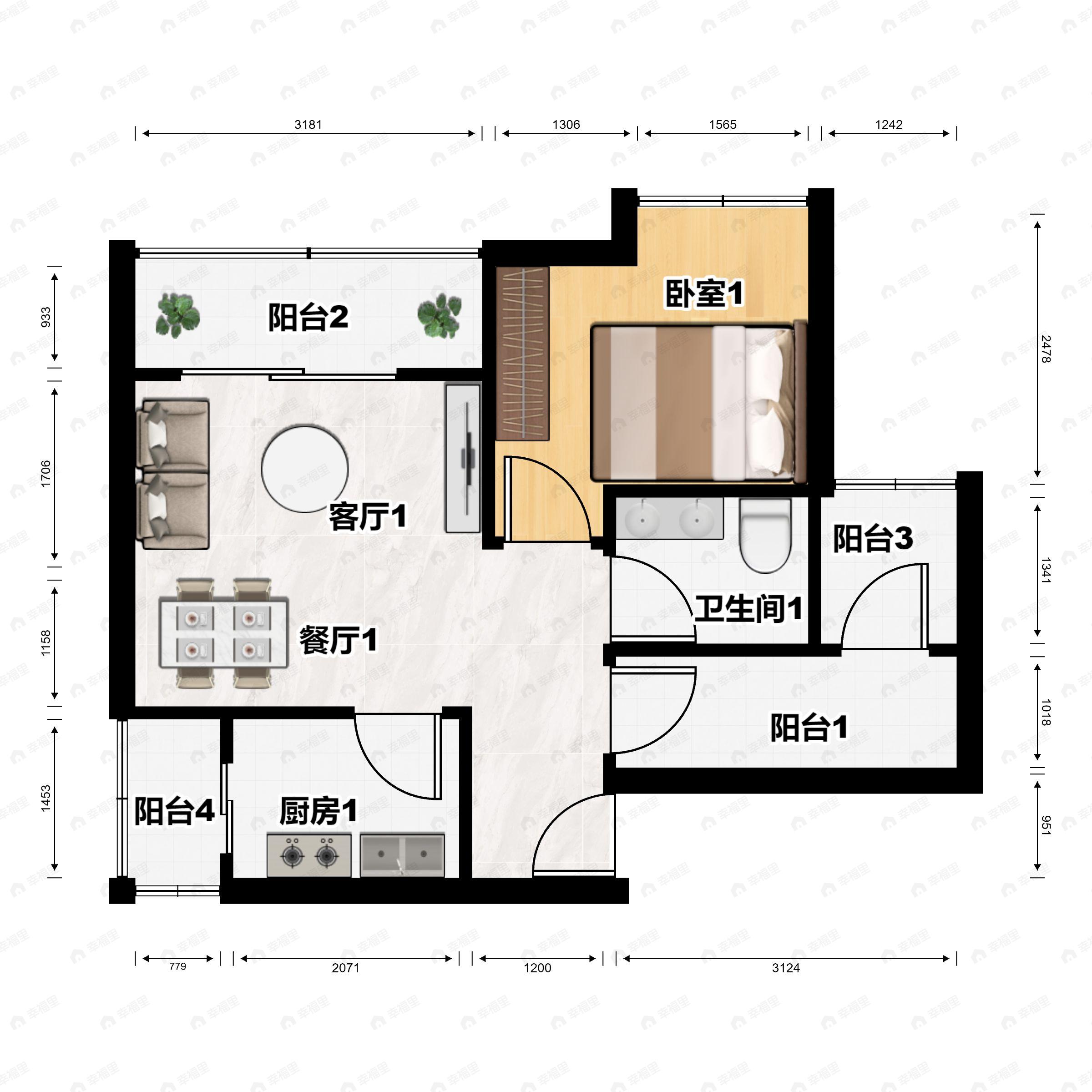2室2厅1卫建面72平南户型图
