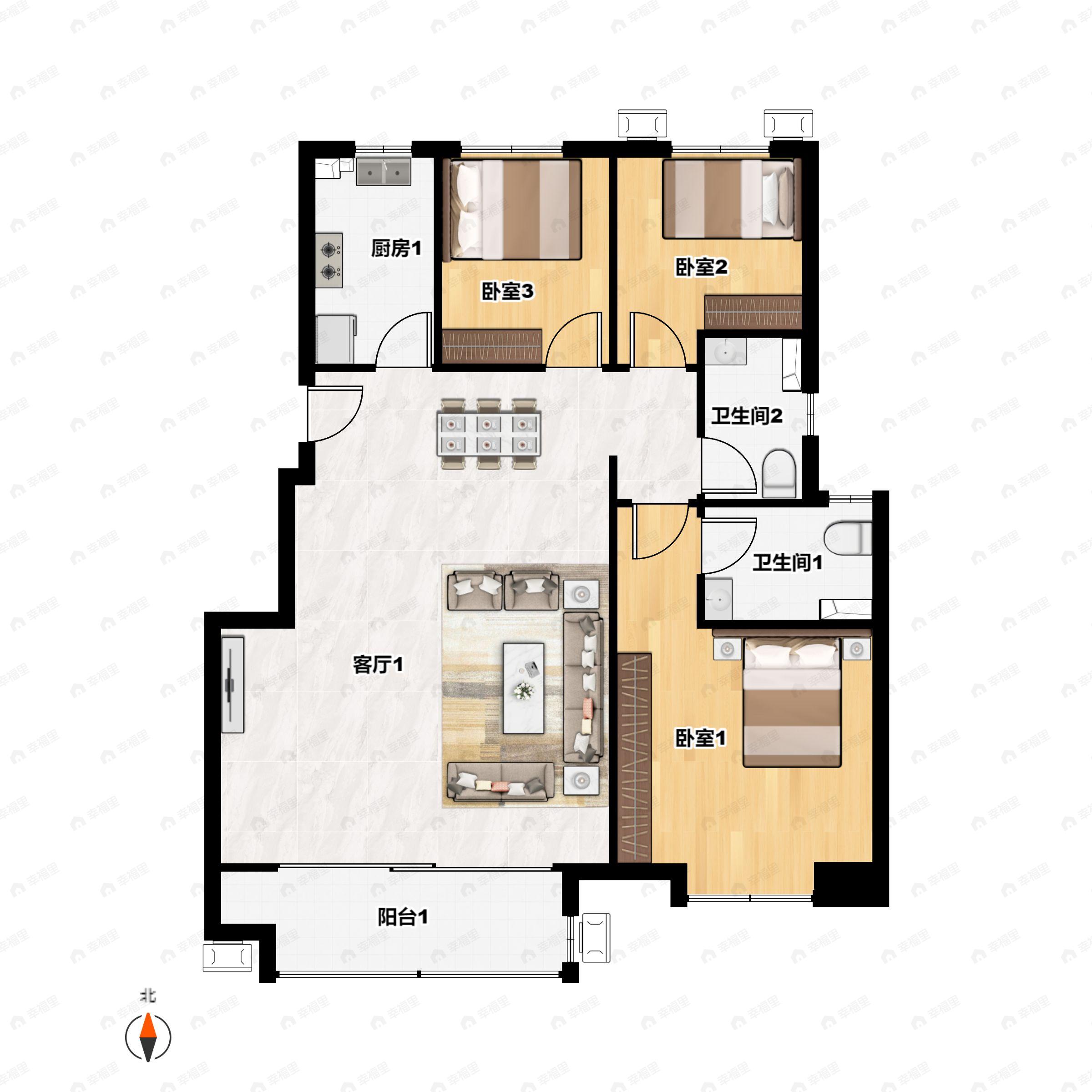 3室2厅2卫建面115平北|南户型图