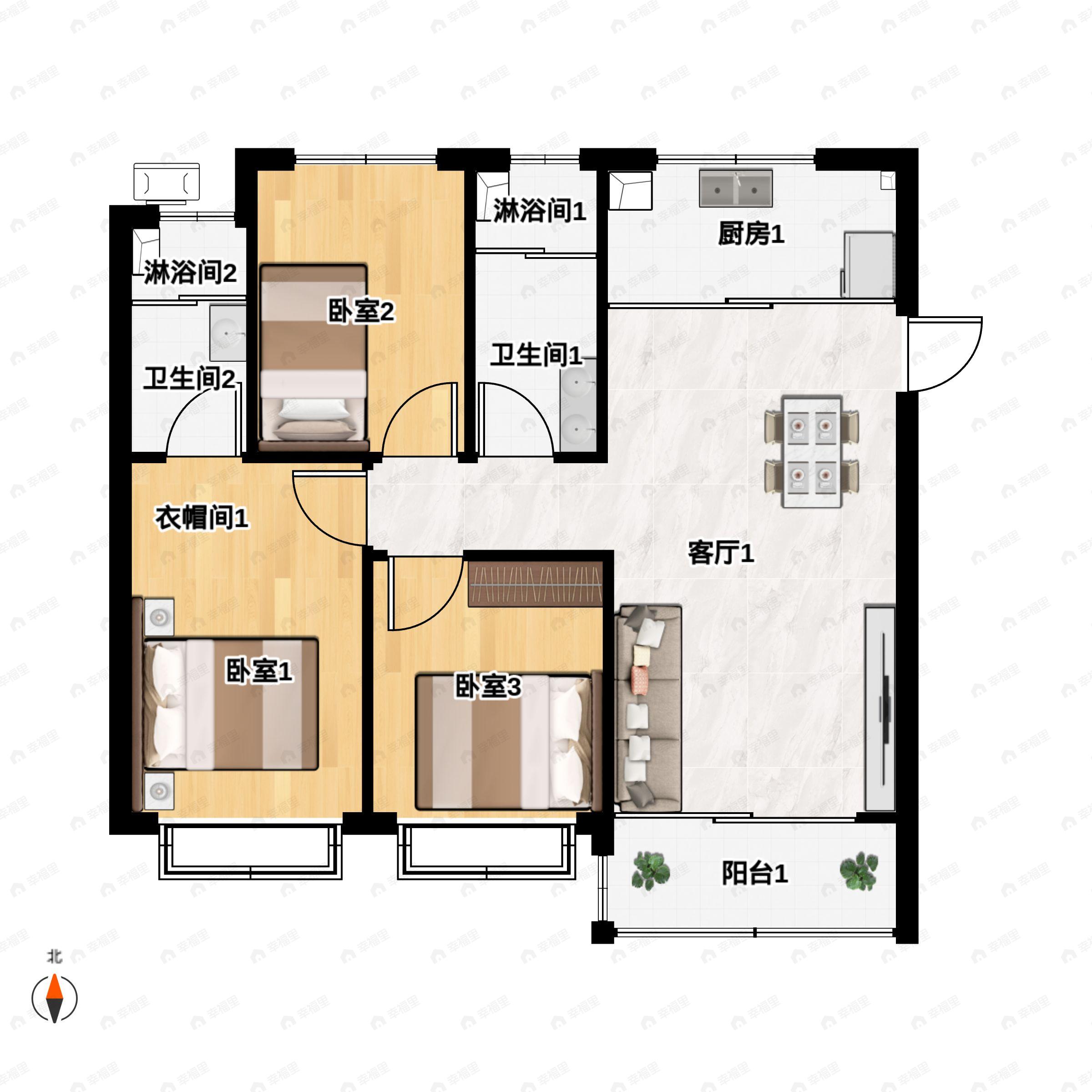 壹品书香3室2厅2卫户型图