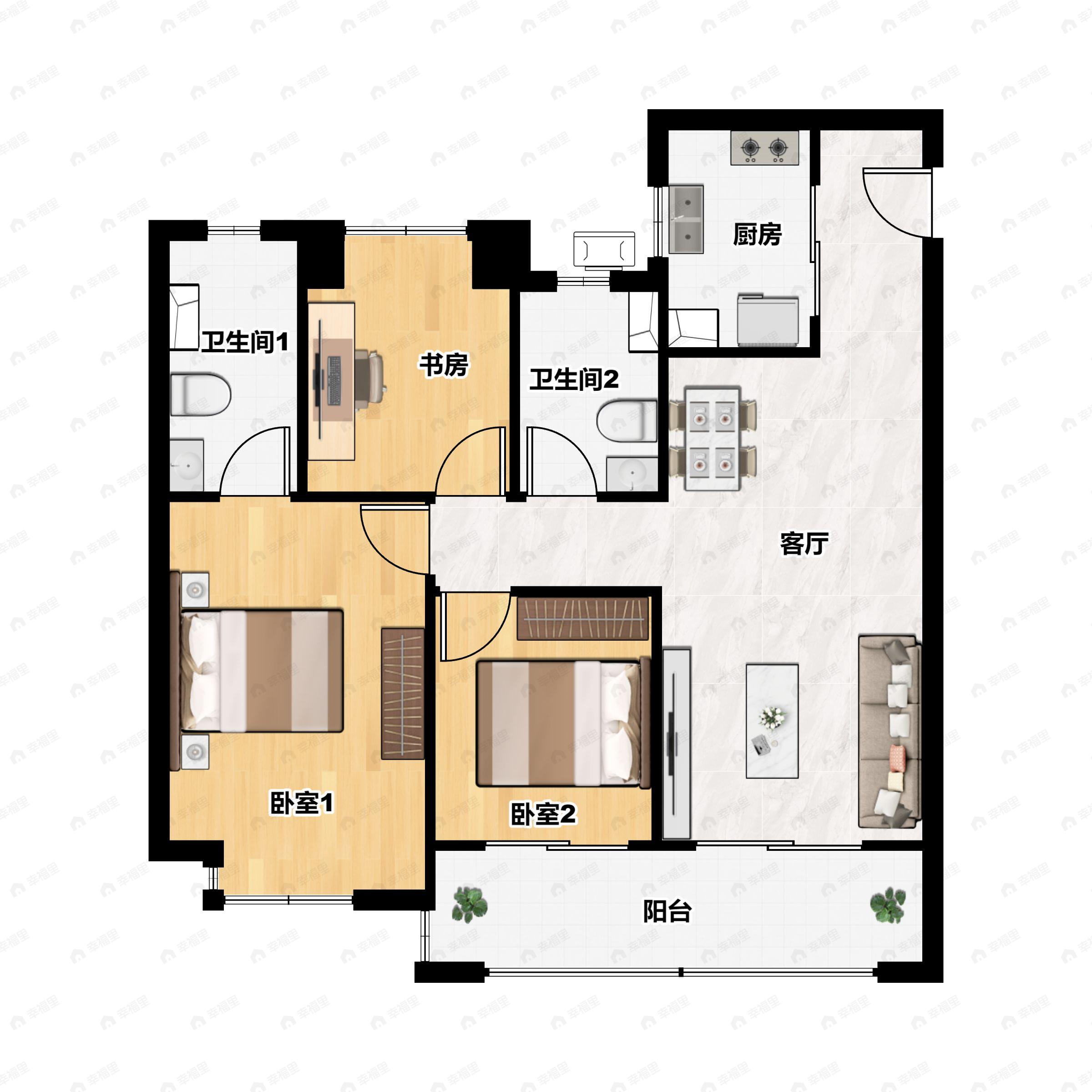 3室2厅2卫建面101平户型图