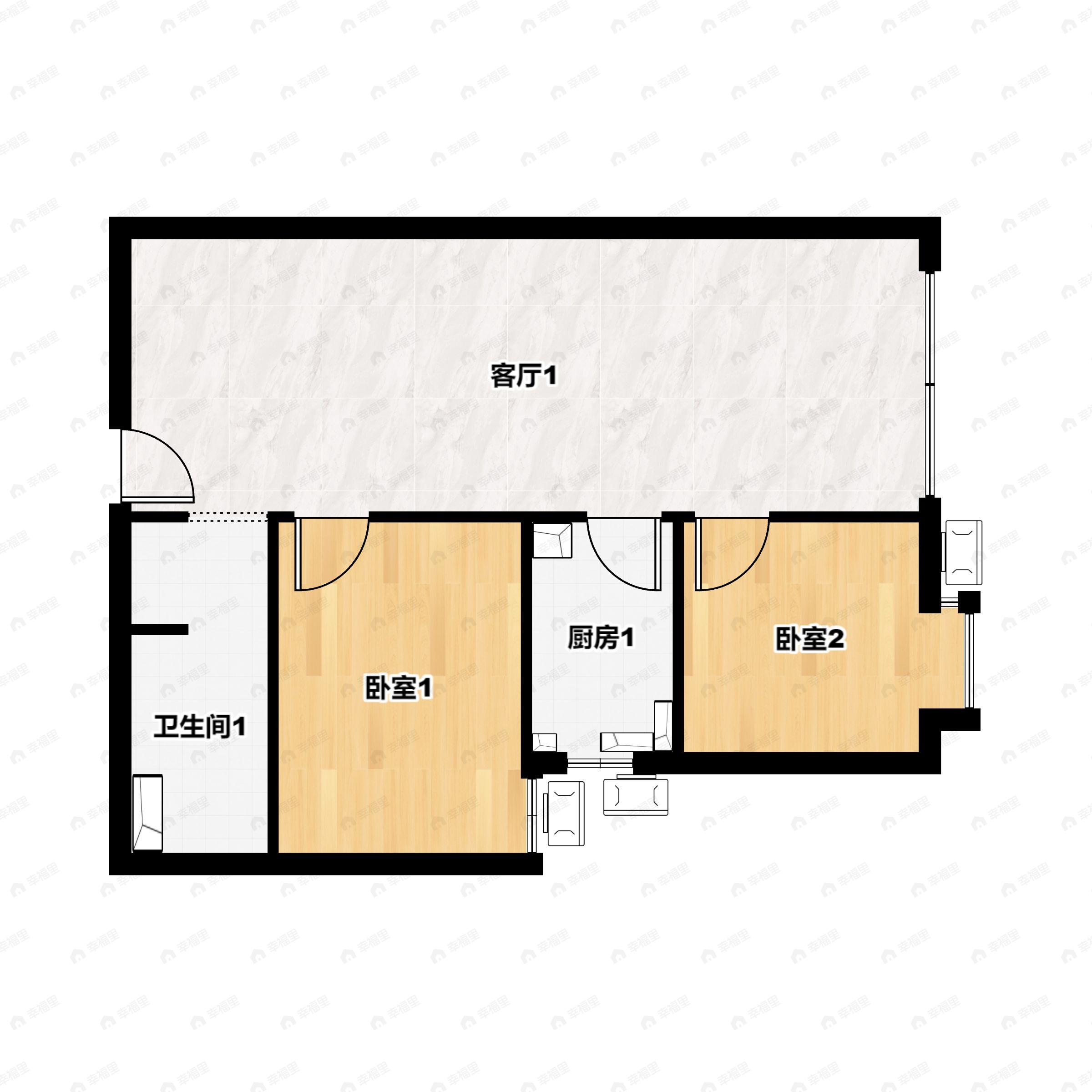 2室2厅1卫建面90平东|西户型图