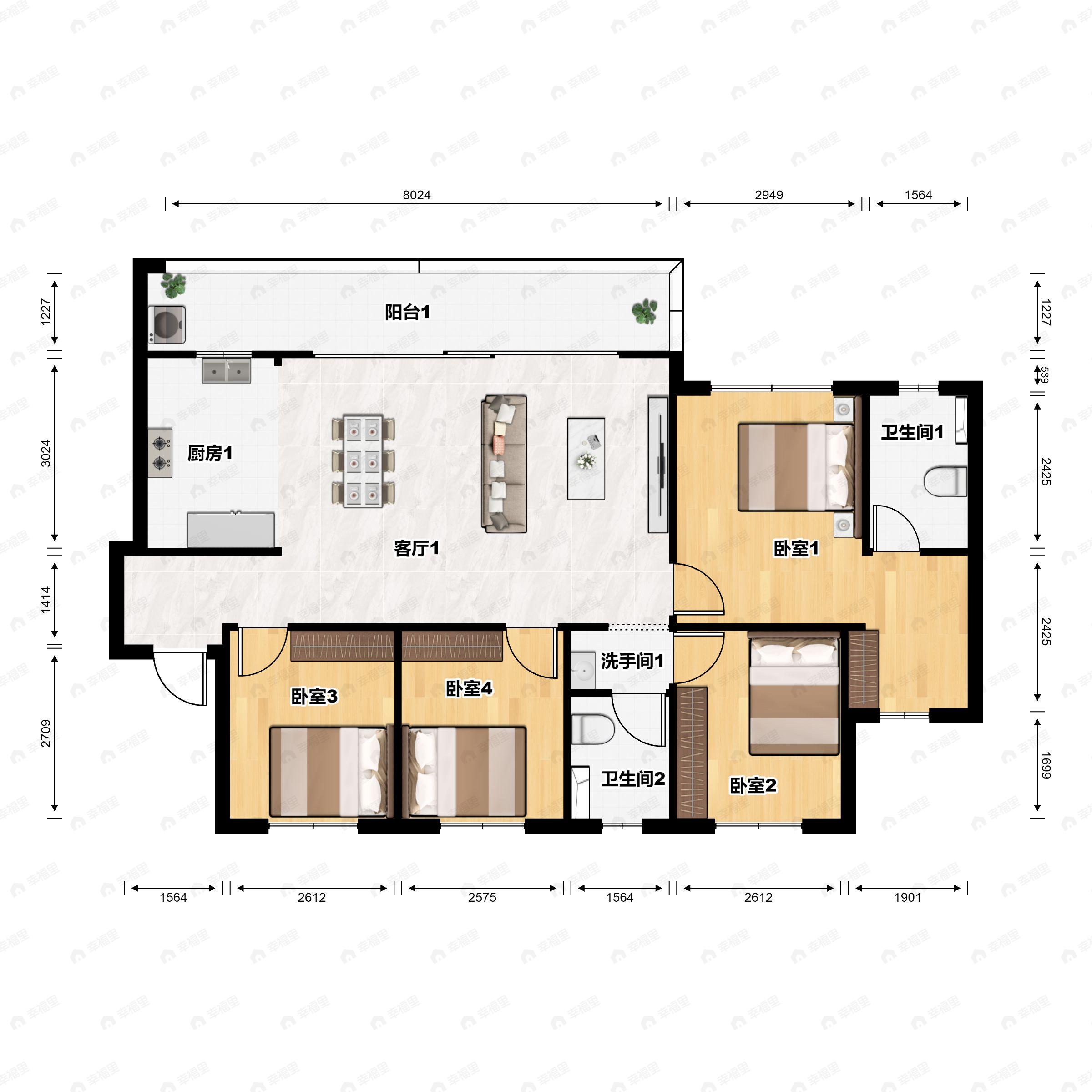 4室2厅2卫建面128平西北户型图