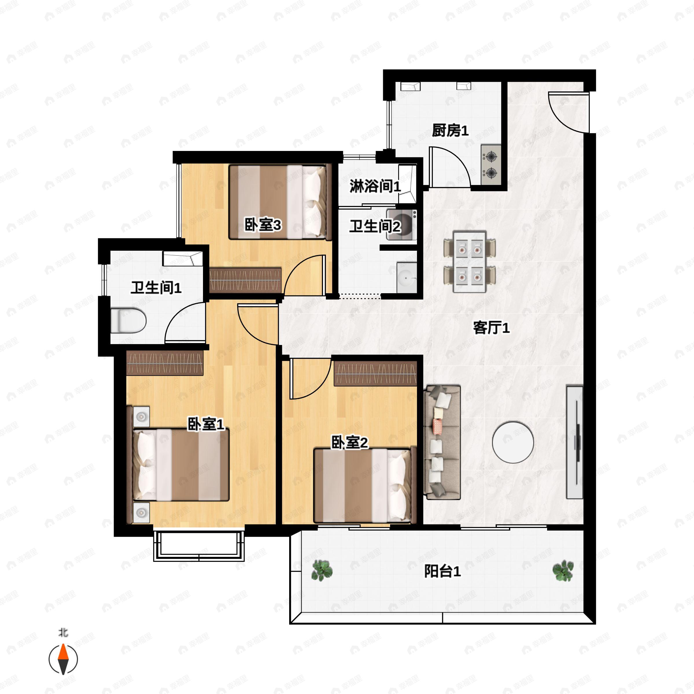 3室2厅2卫建面103m²东南|南|西南户型图
