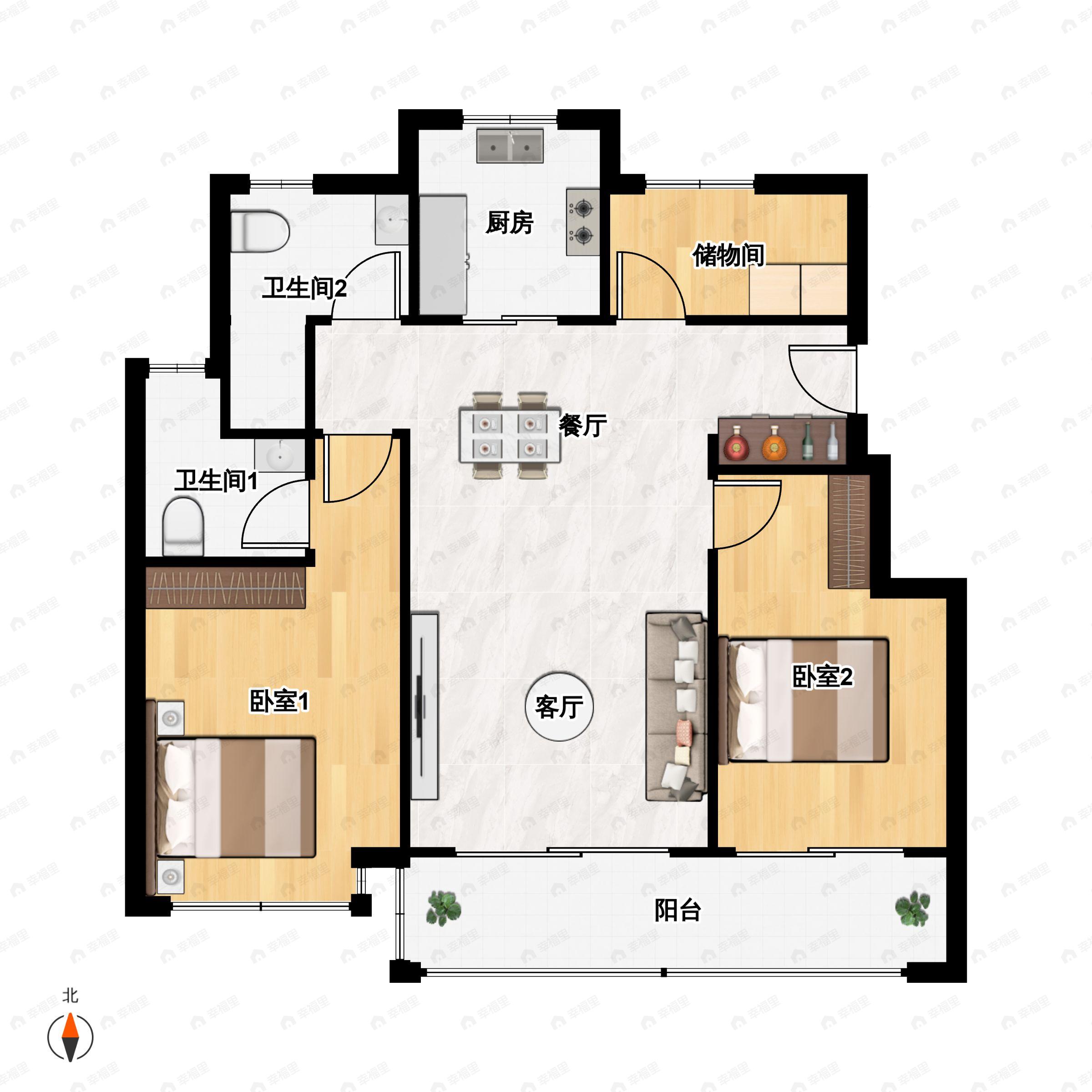 2室2厅2卫建面112m²北|南户型图