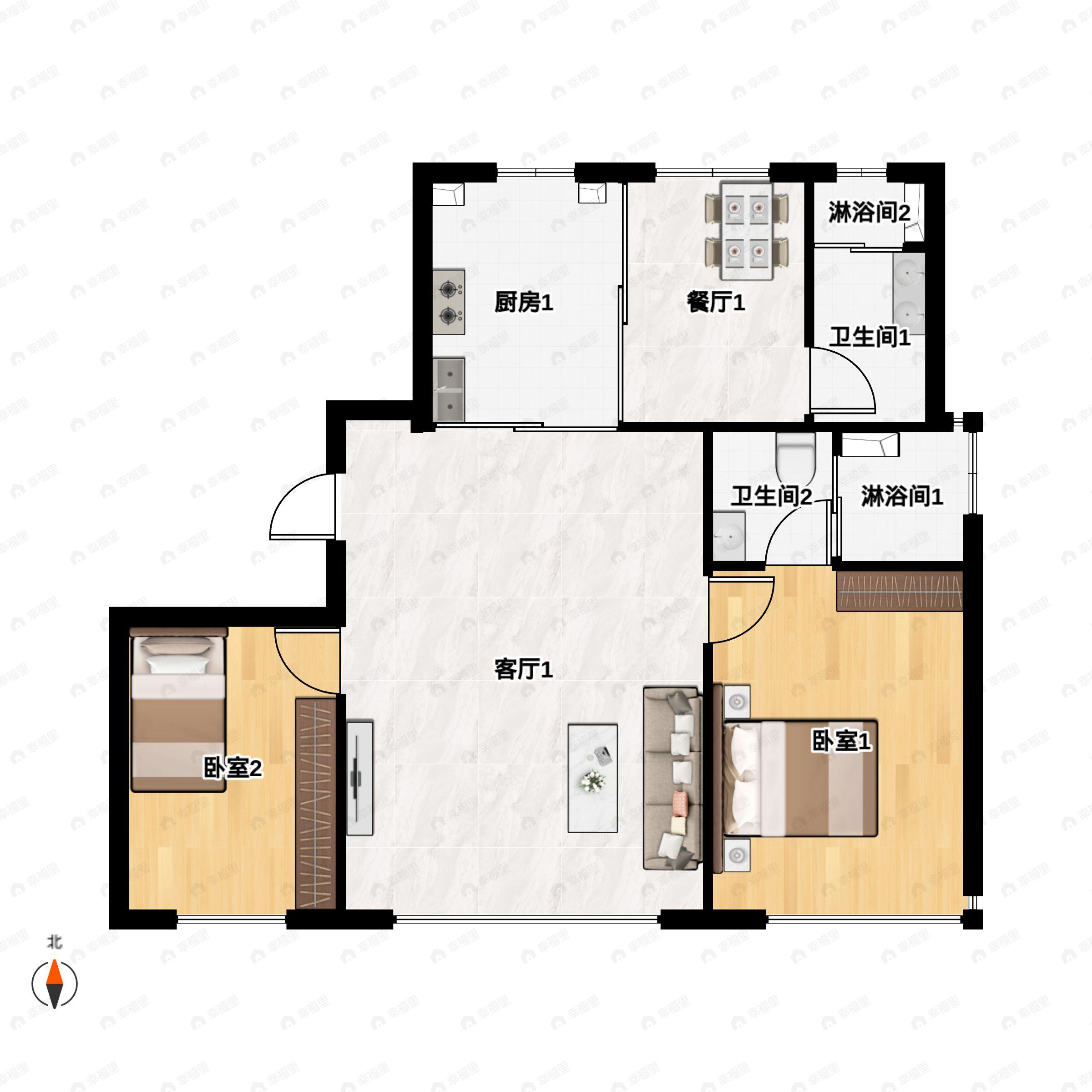 2室3厅2卫建面128平户型图