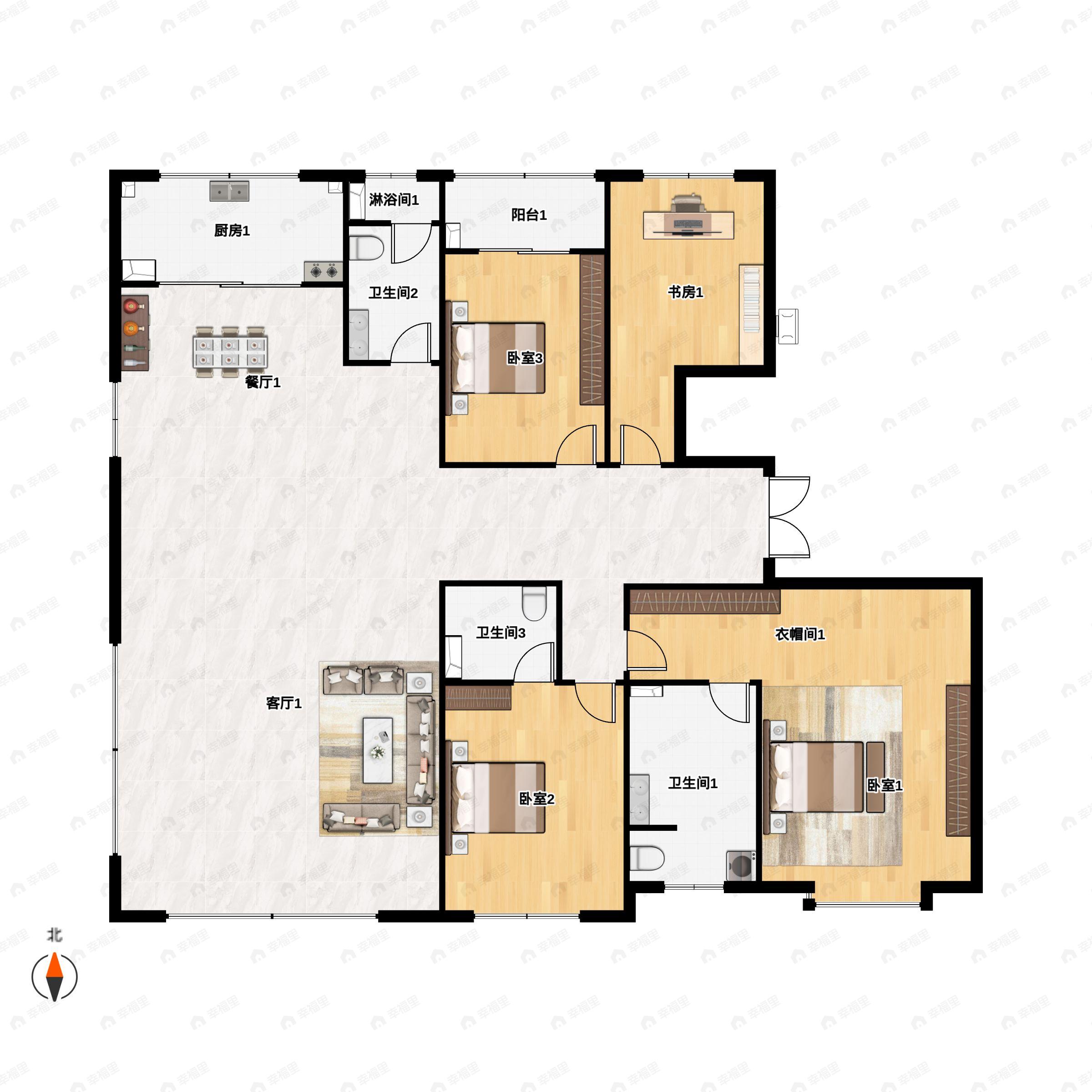 4室2厅3卫建面251平南|北户型图