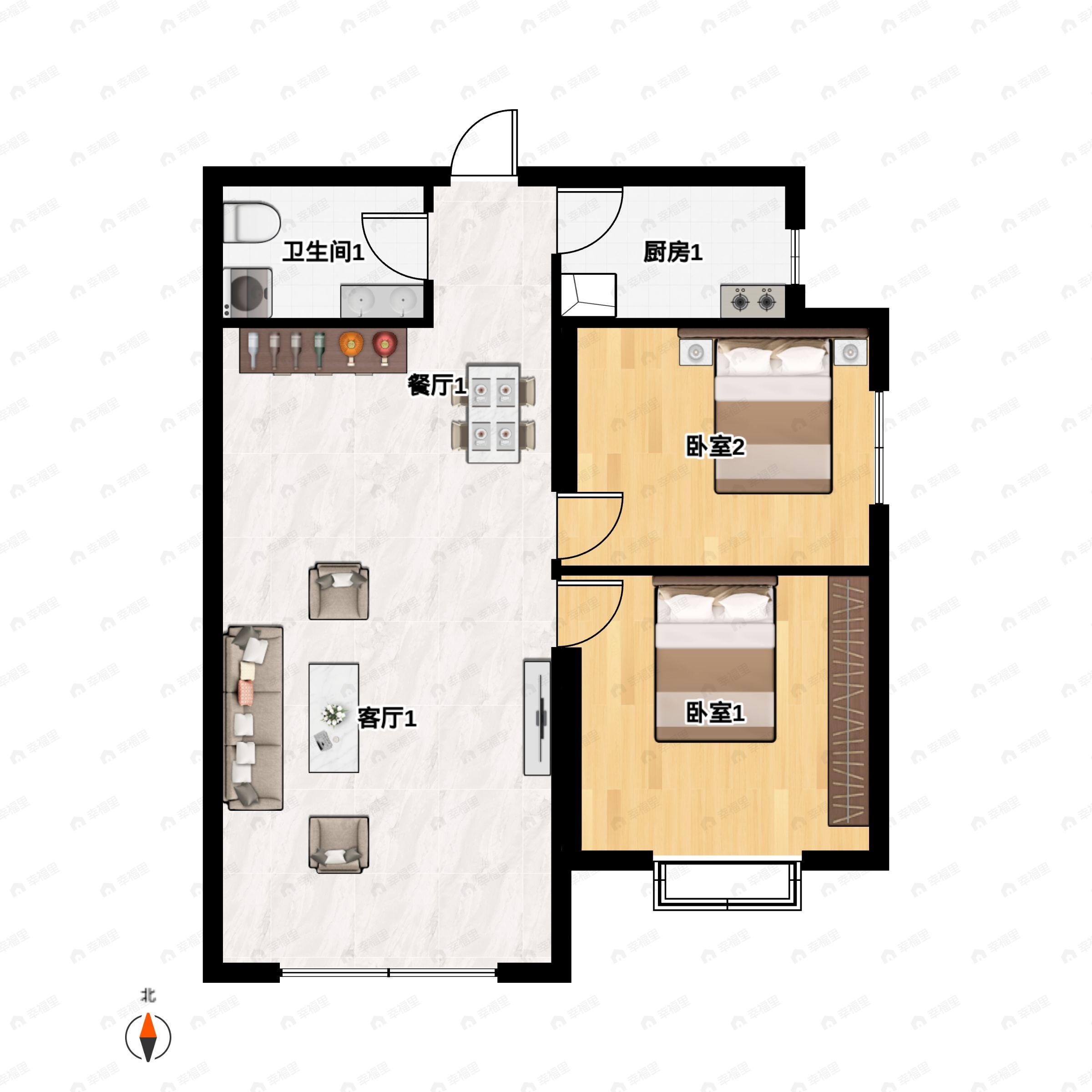 2室2厅1卫建面96m²北户型图