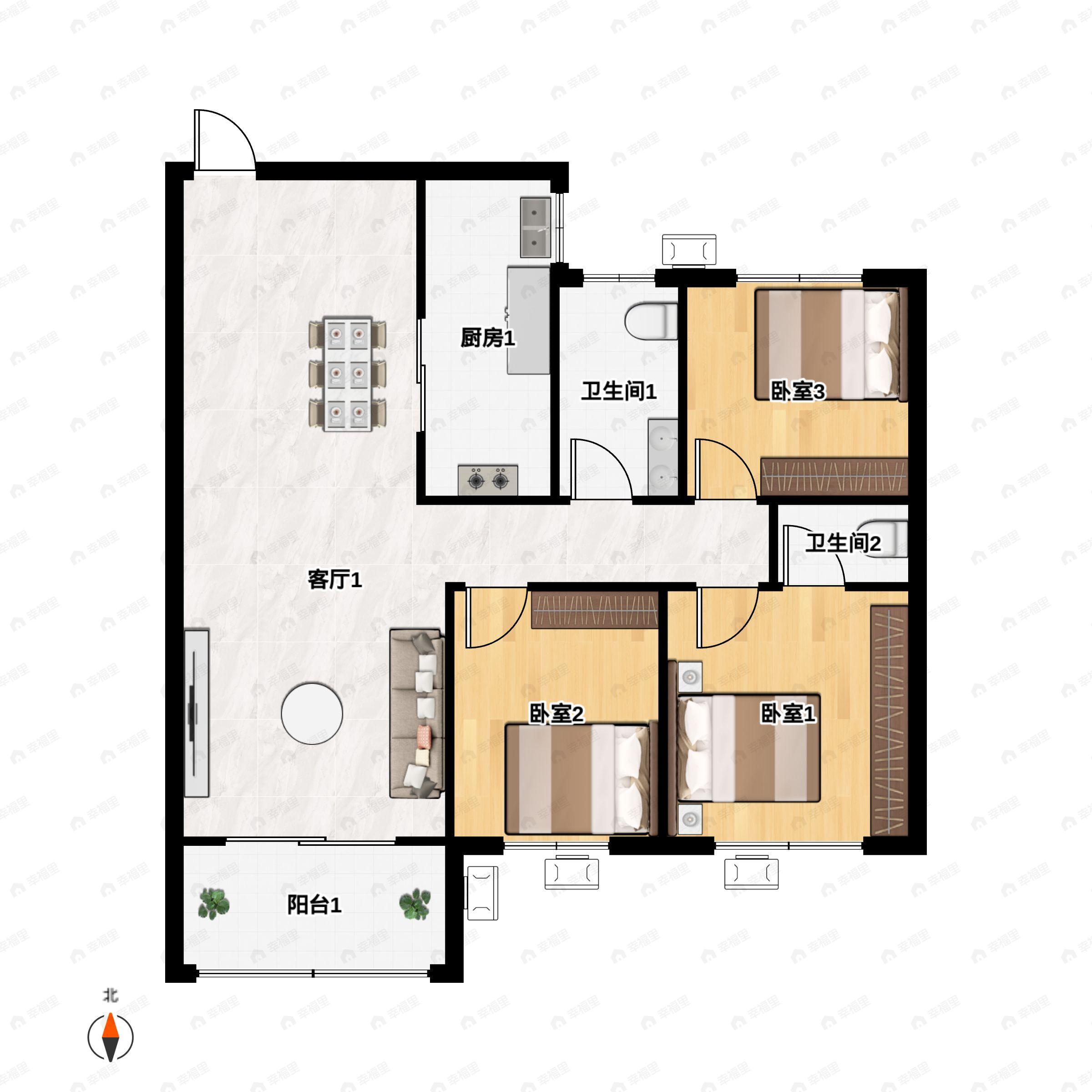 3室2厅2卫建面129m²南户型图