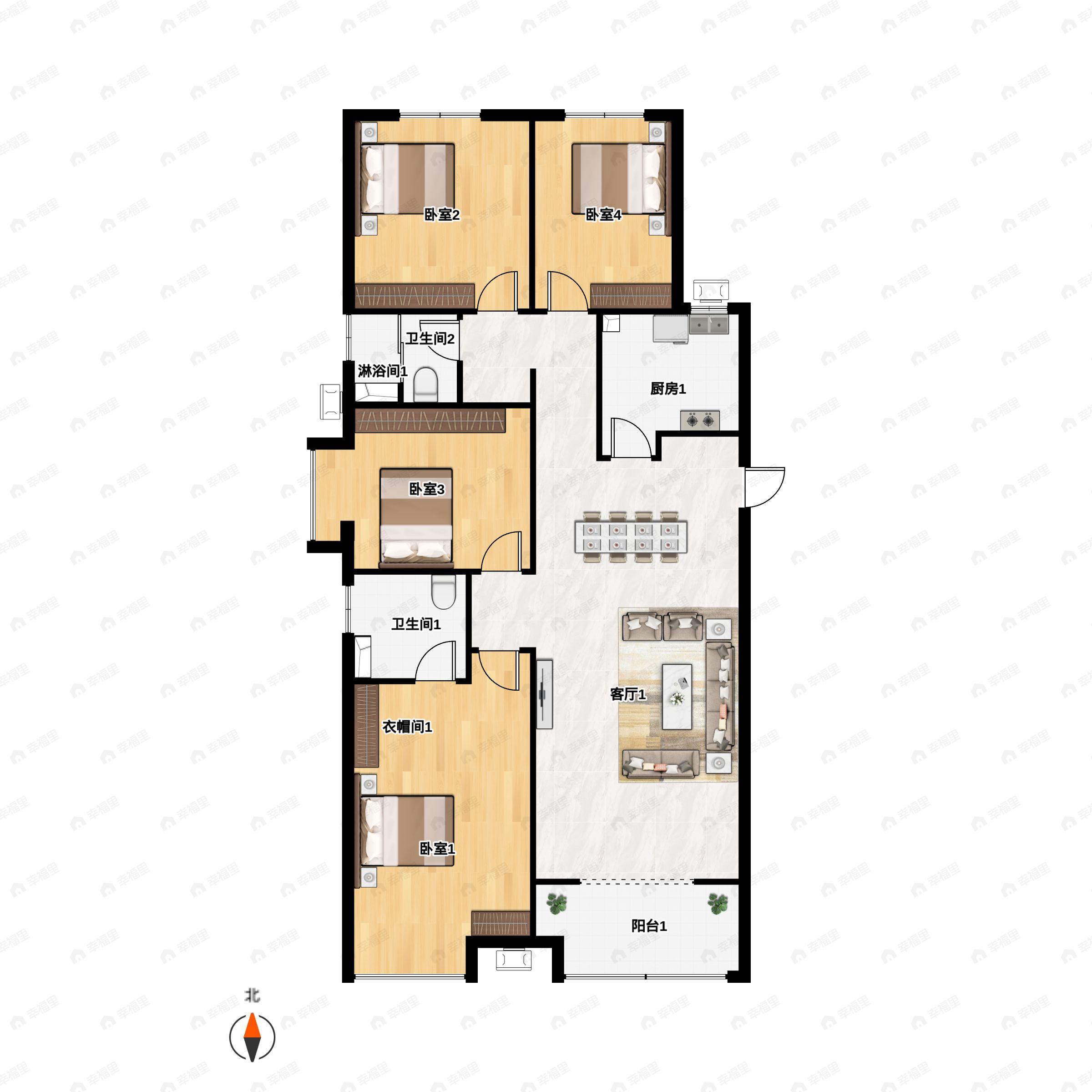 4室2厅2卫建面139平南|西|北户型图