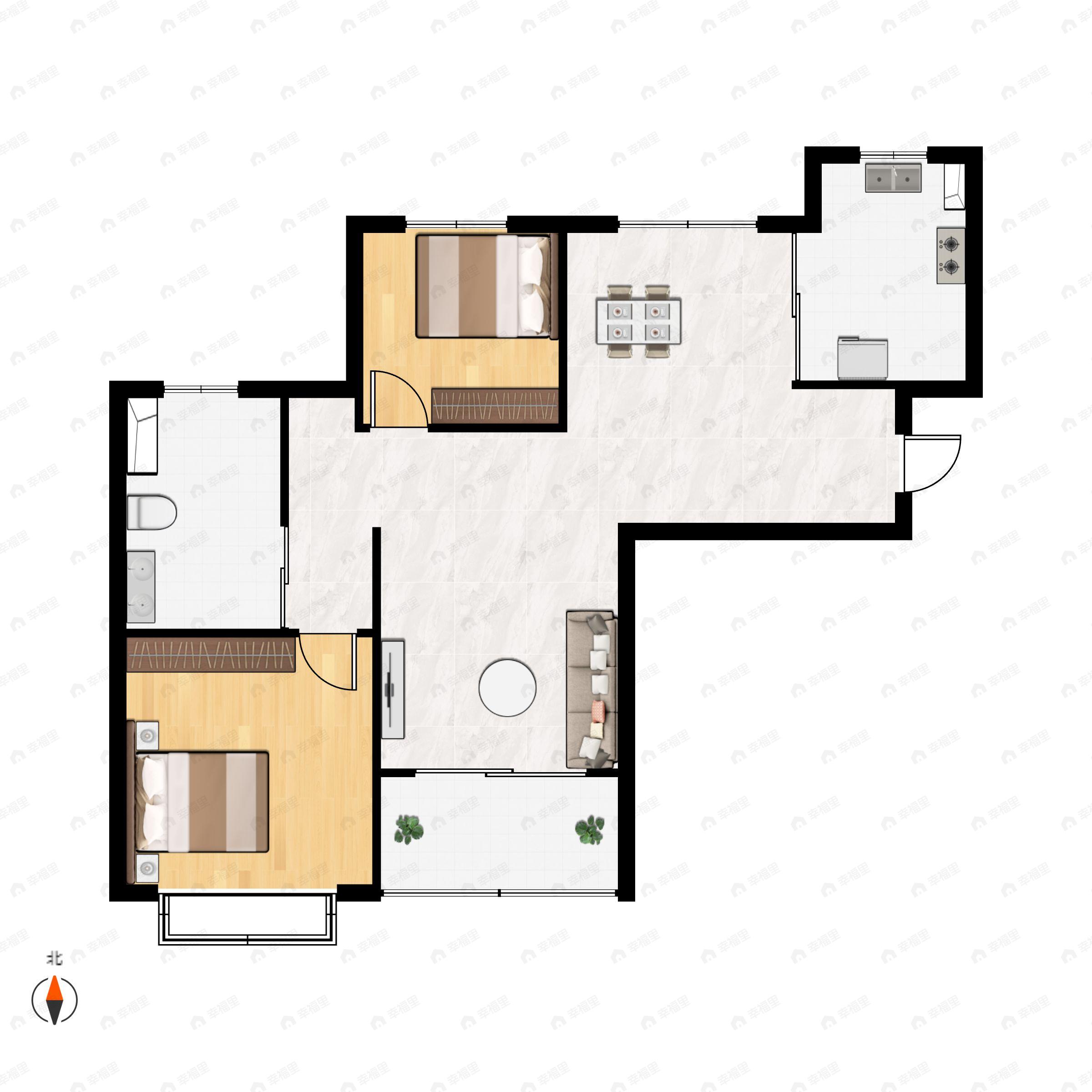 2室2厅1卫建面81m²南户型图
