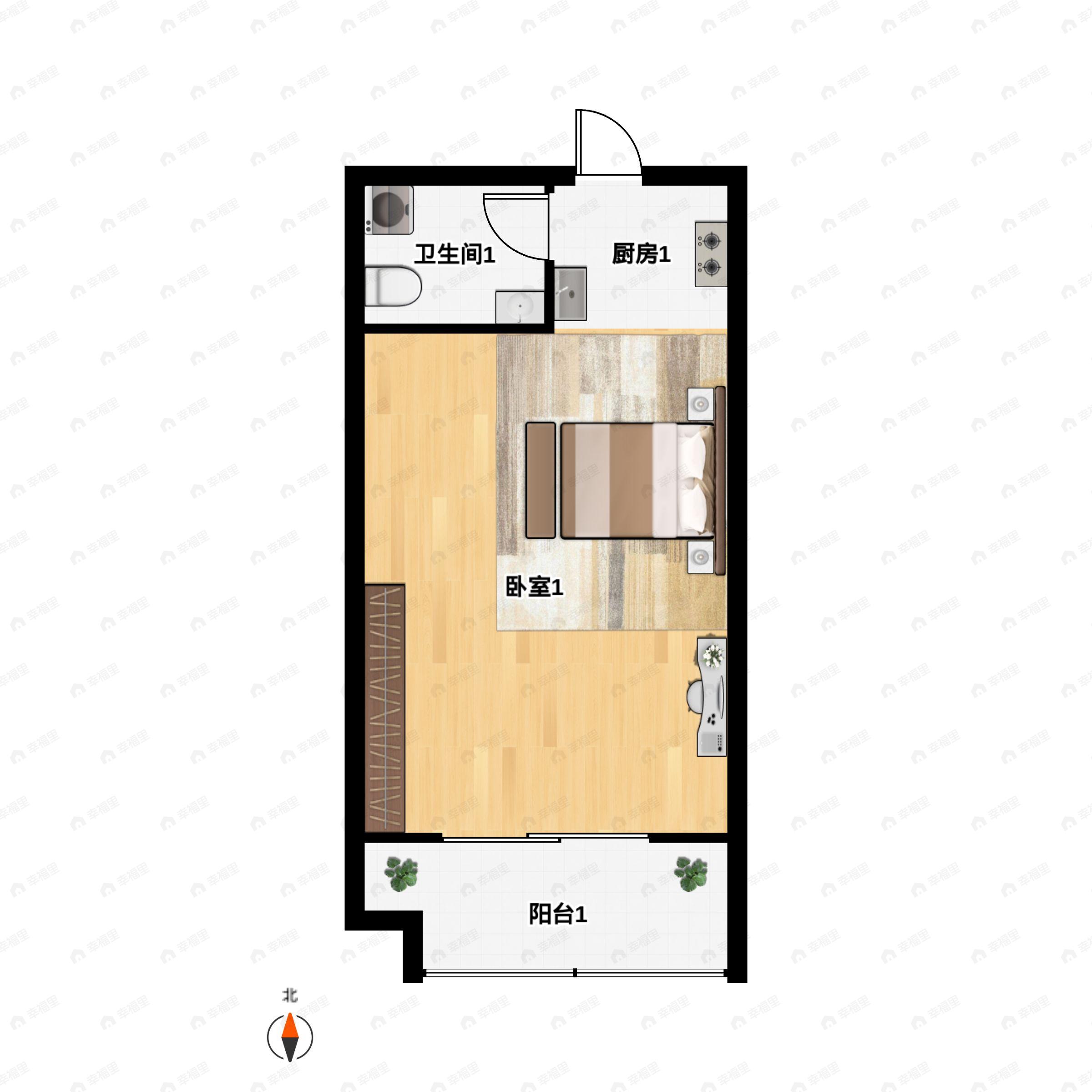 1室1厅1卫建面51平南户型图