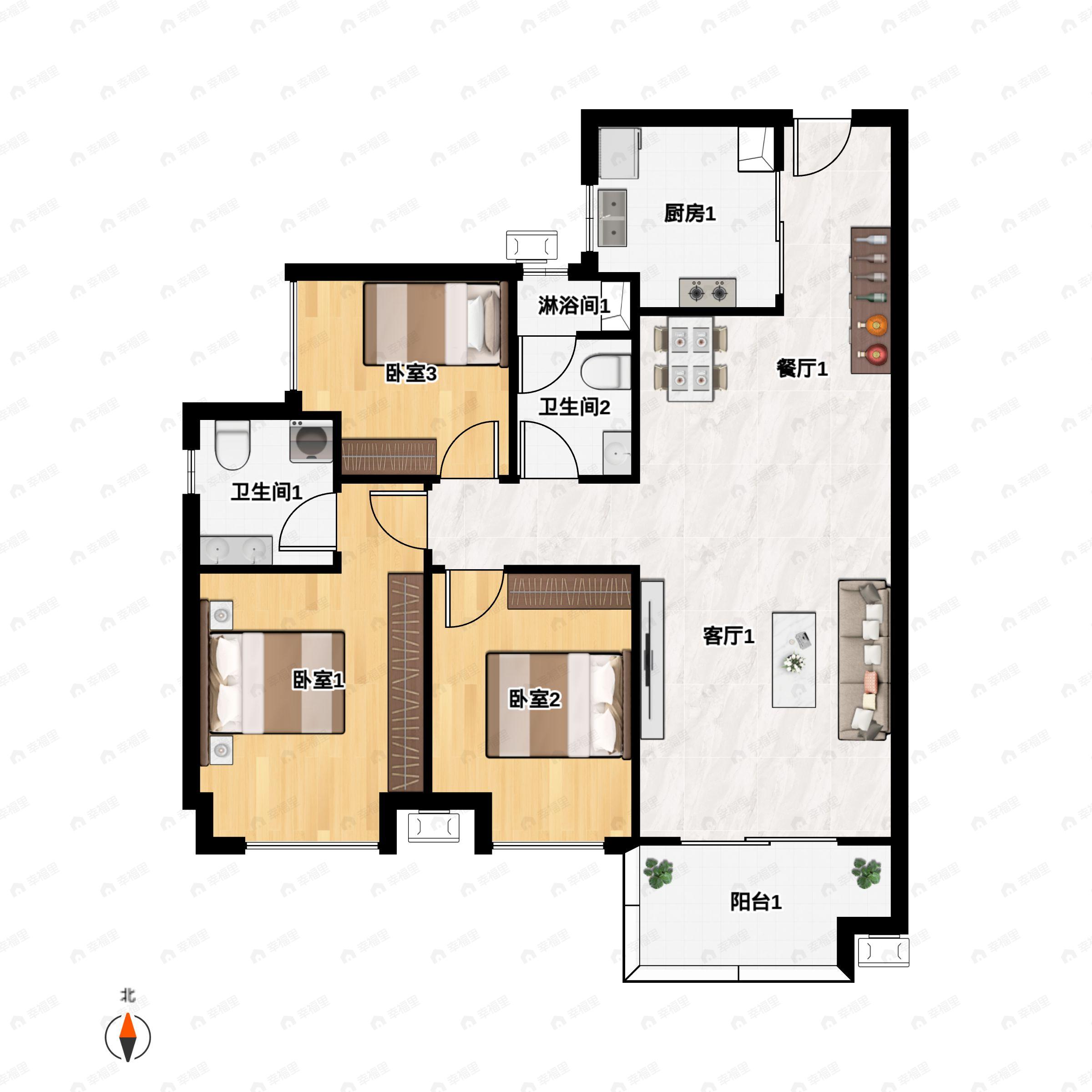 3室2厅2卫建面89平户型图