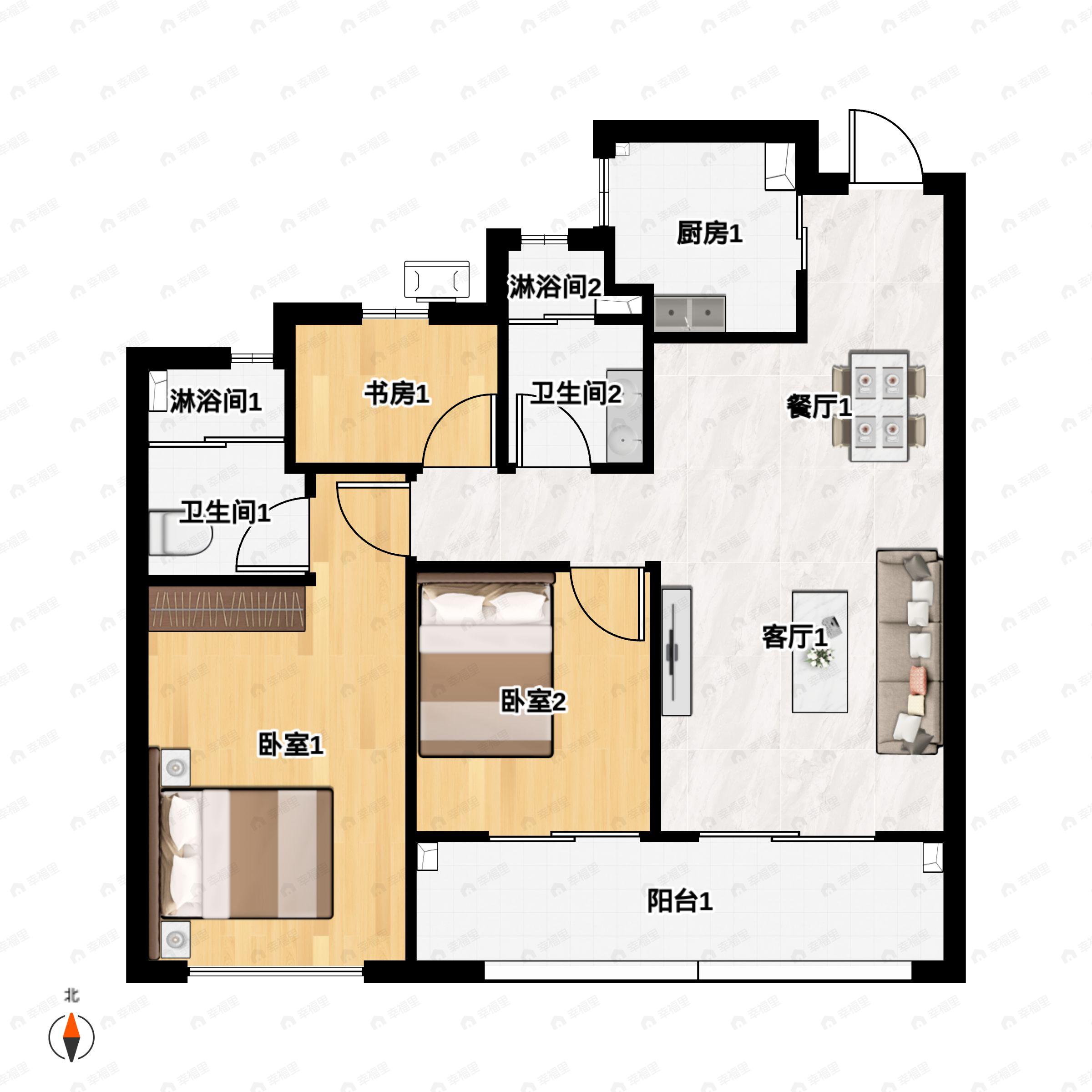 3室2厅2卫建面95m²南户型图