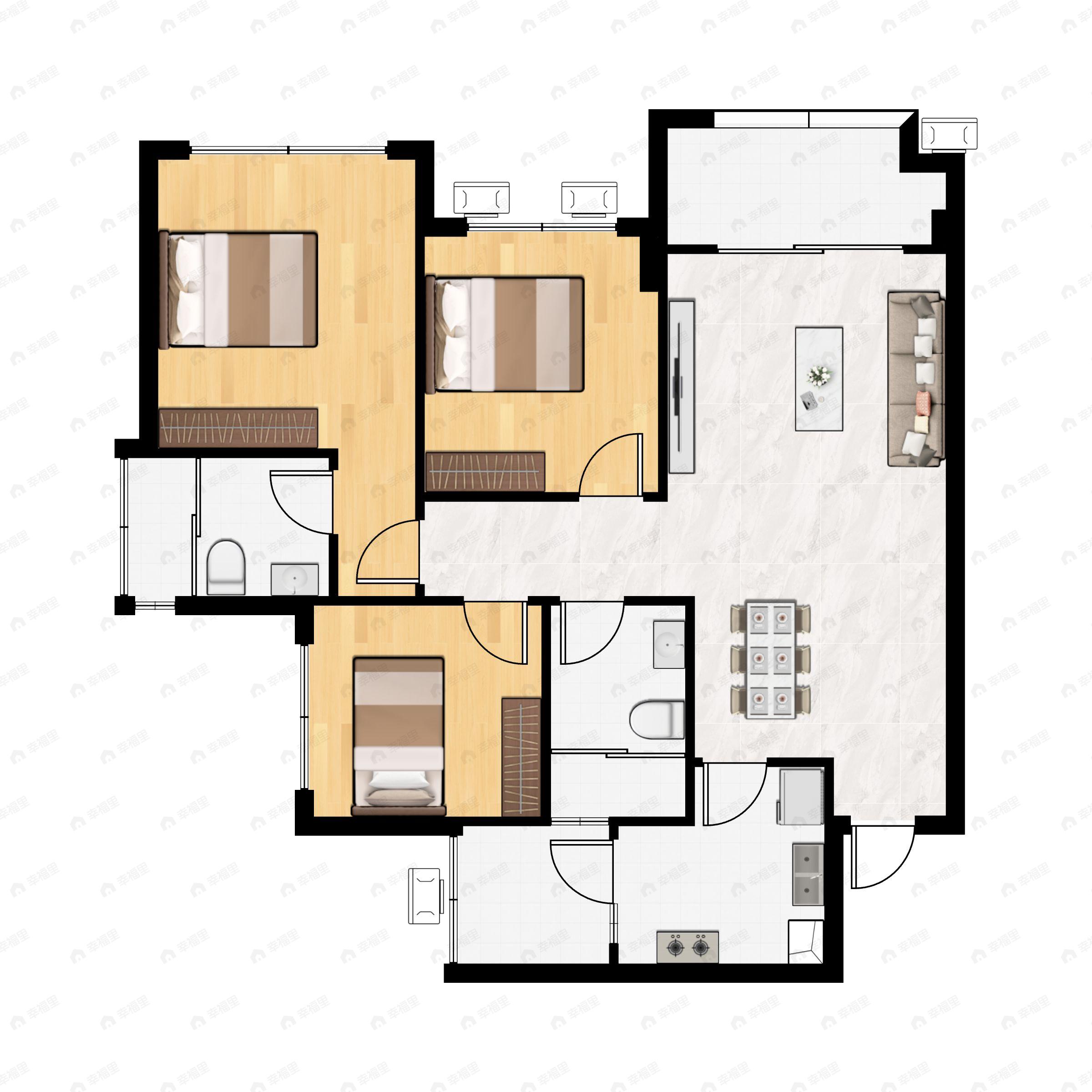 3室2厅2卫建面82平南户型图