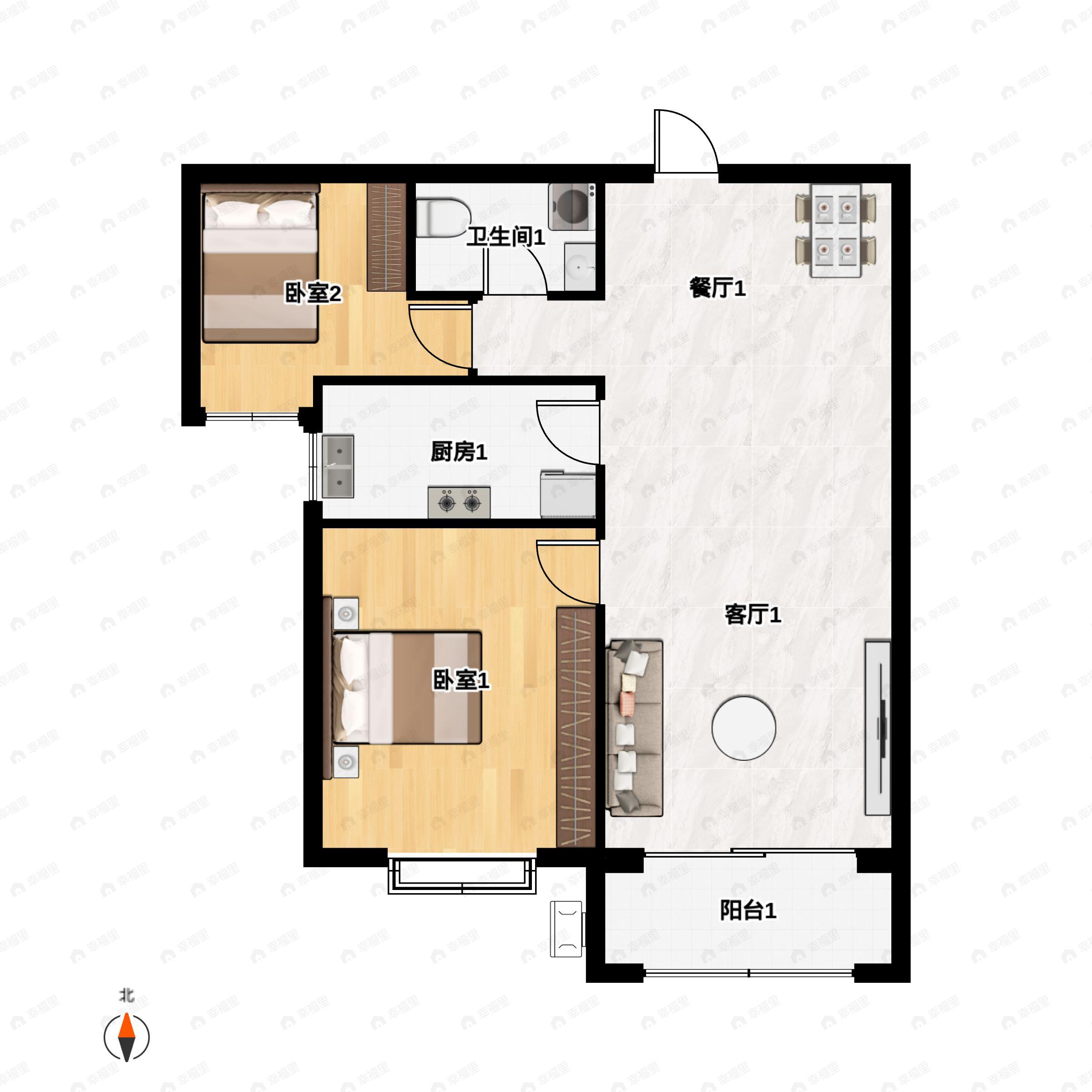 2室2厅1卫建面95m²南户型图