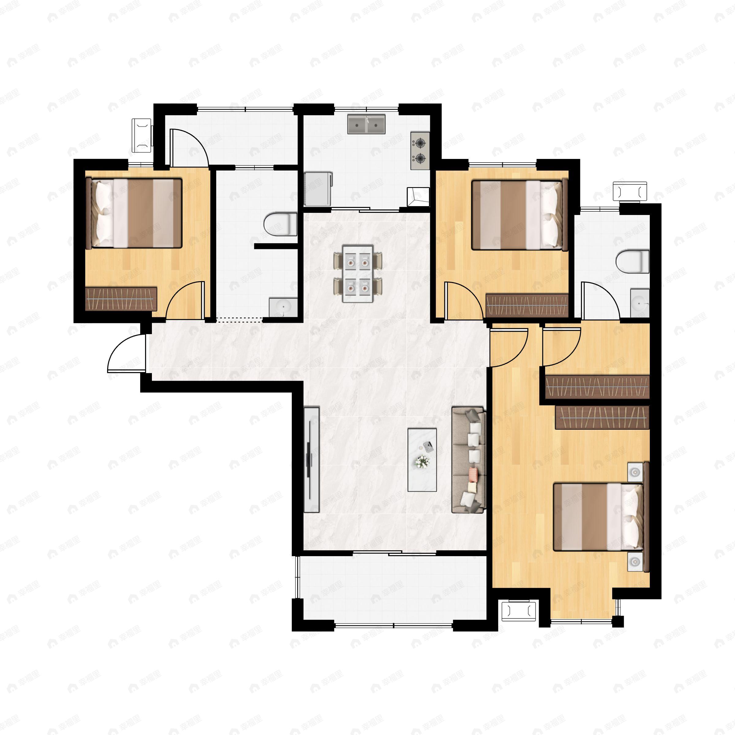 3室2厅2卫建面122m²南户型图