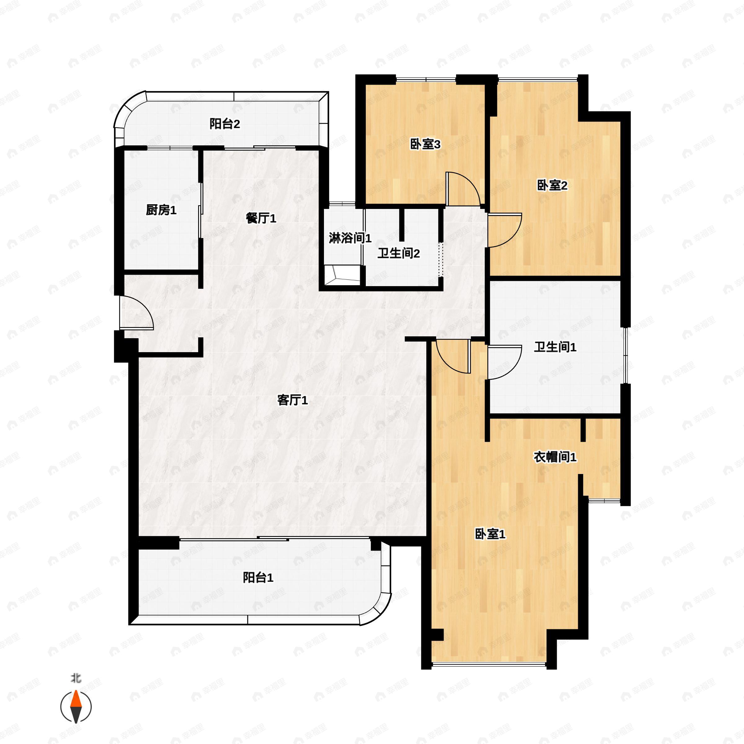 3室2厅2卫建面170m²南户型图
