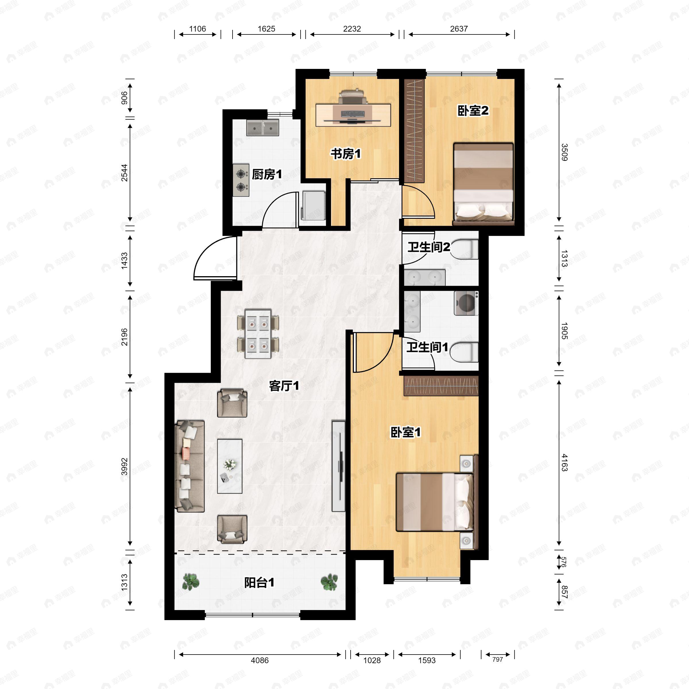 3室2厅2卫建面99平北|南户型图