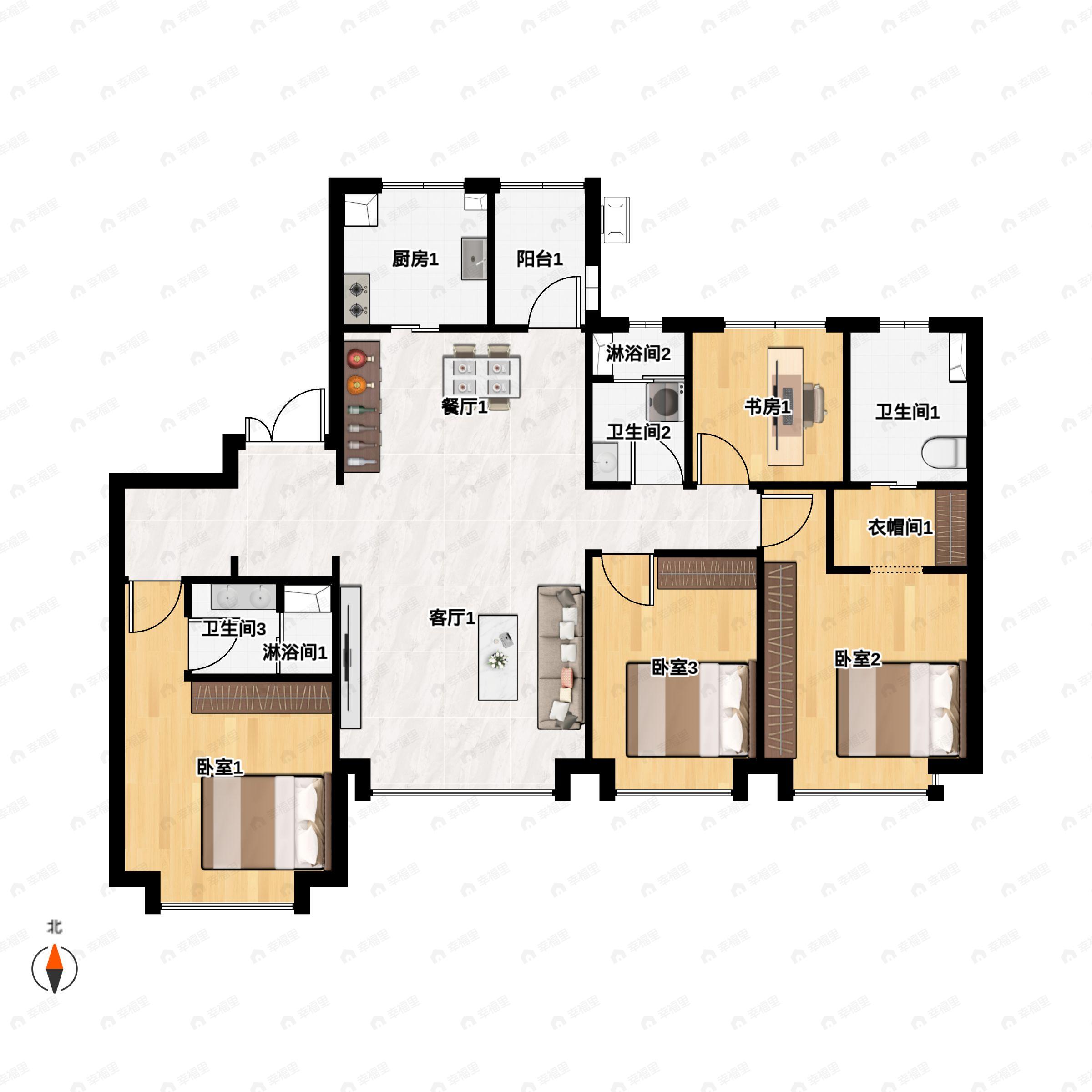 4室2厅3卫建面169m²南户型图